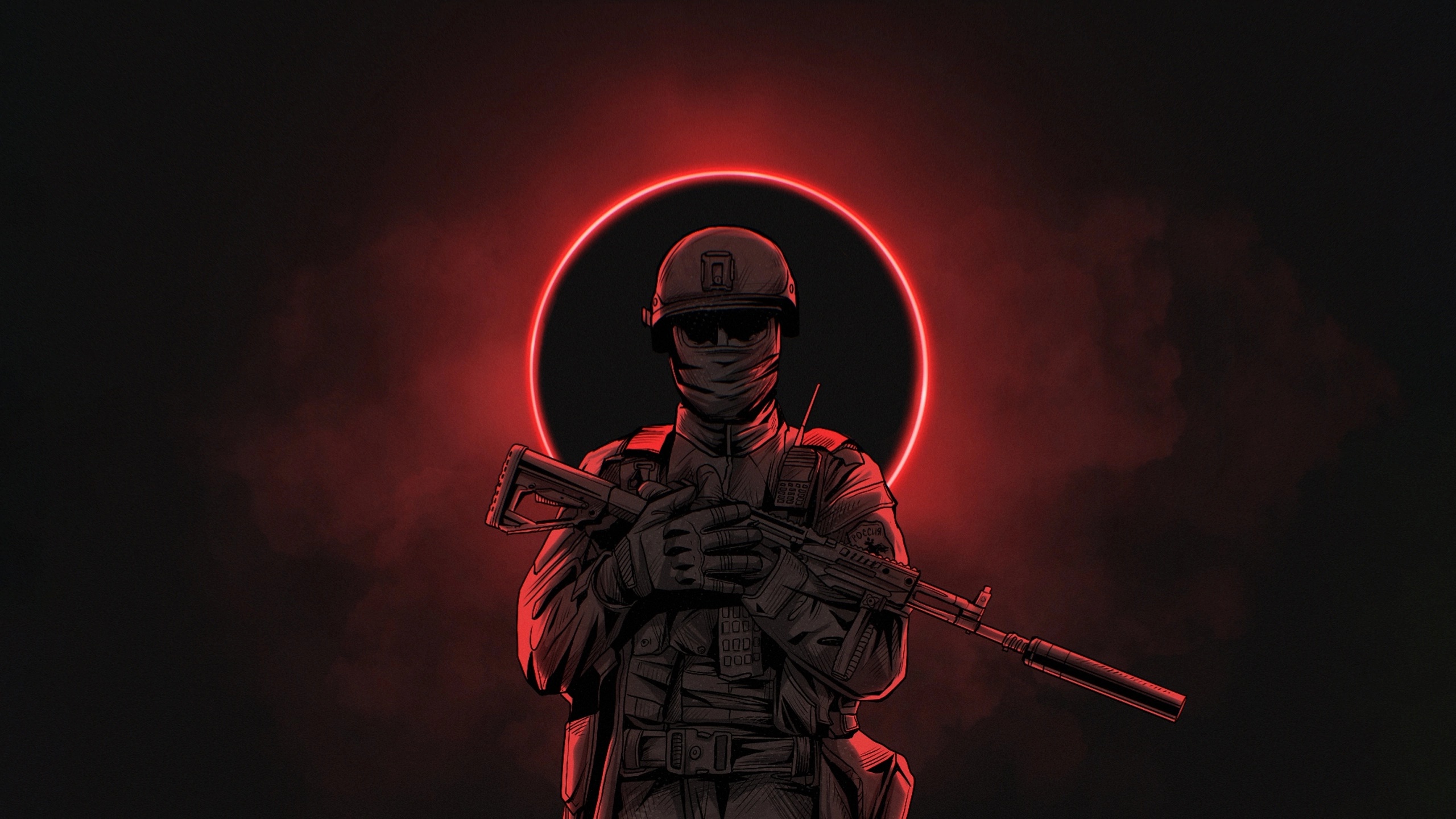 Mercenary Digital Art Soldier Simple Background Minimalism Gun Helmet 2560x1440