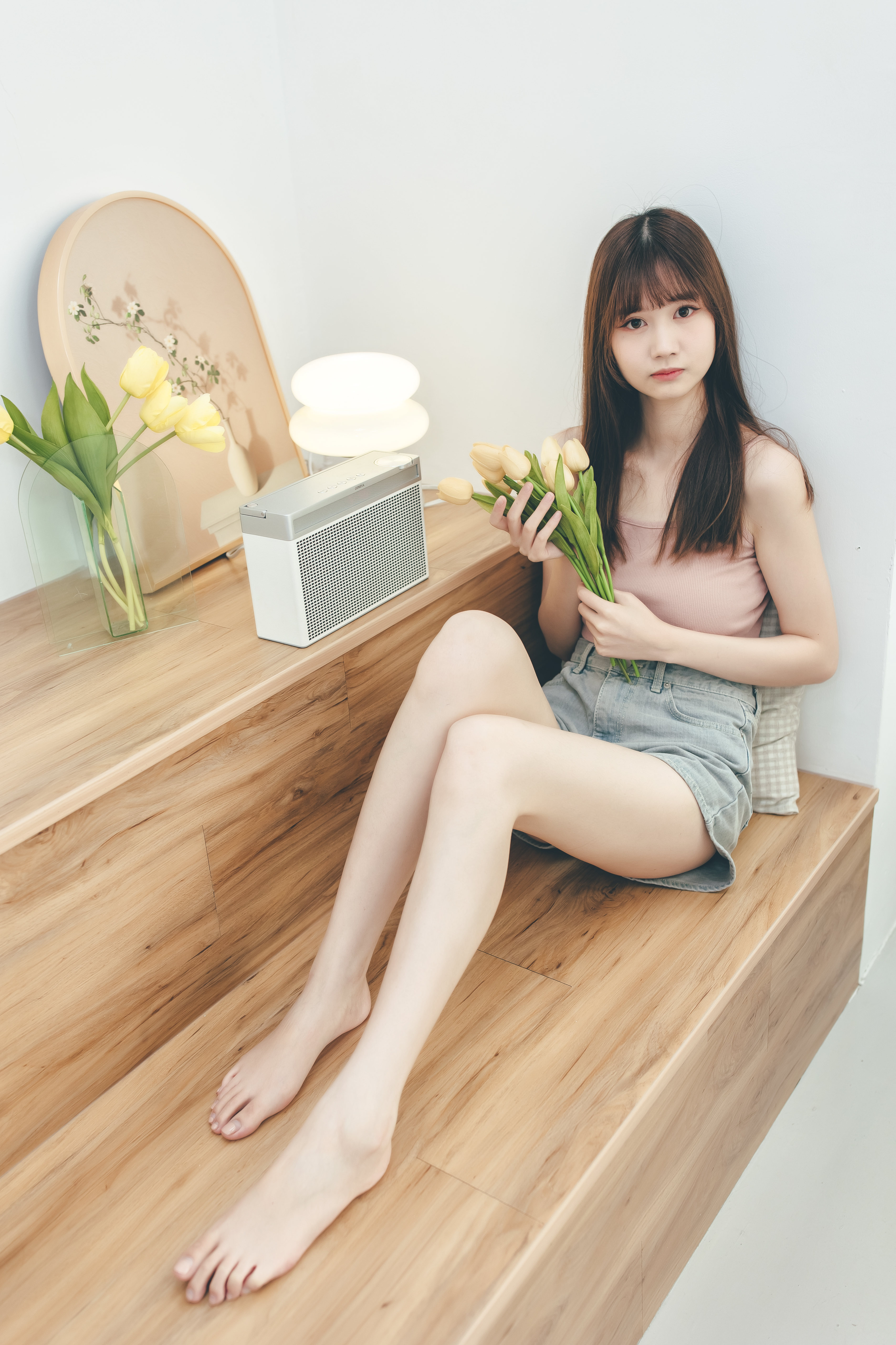 Ru Lin Women Asian Bangs Legs Barefoot Wooden Surface 3413x5120