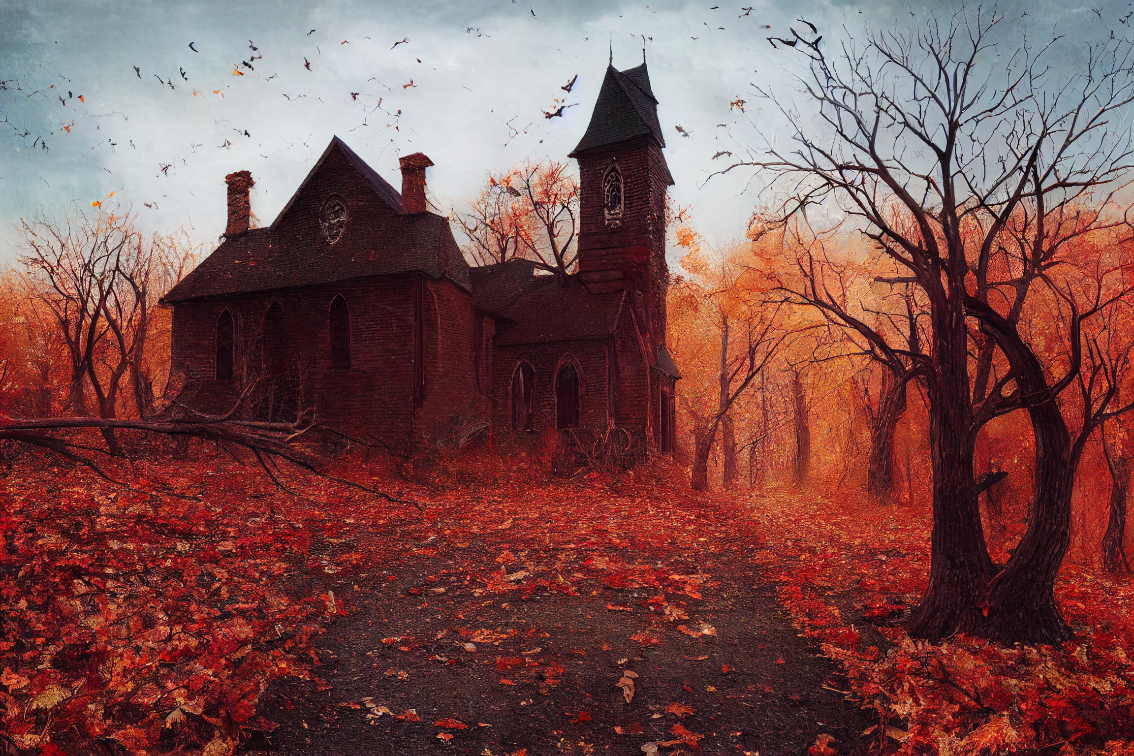 House Fall Bats Halloween Leaves Trees Ai 2304x1536