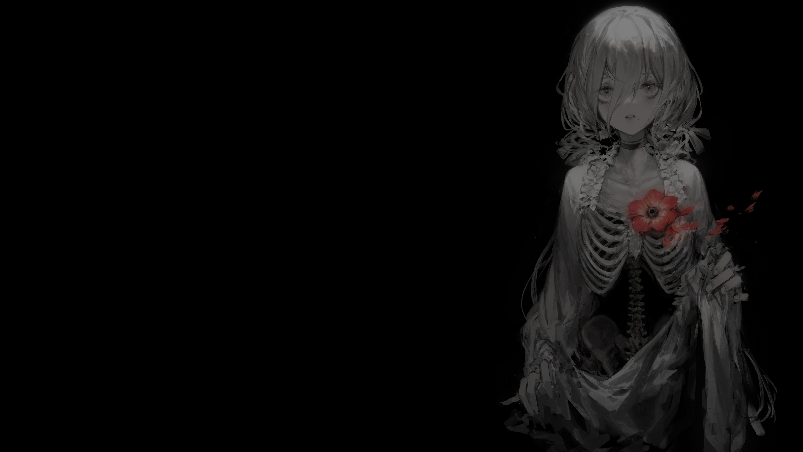 Selective Coloring Black Background Simple Background Dark Background Anime Girls Bones Flowers Skel 2560x1440