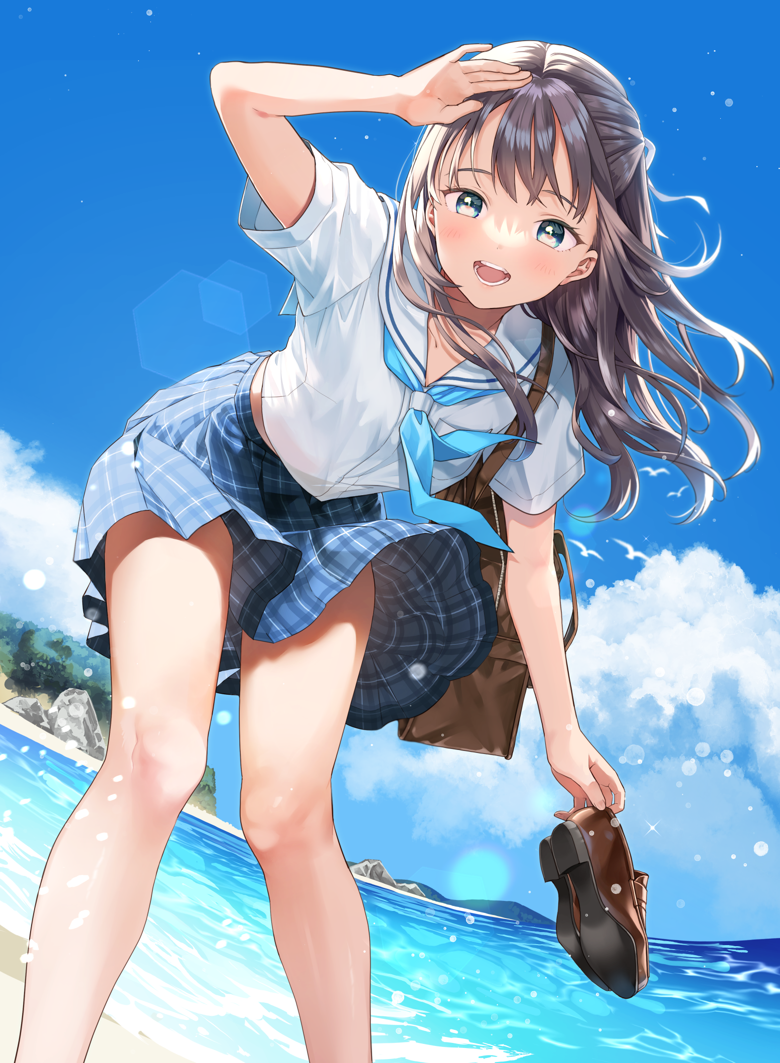Anime Girls Portrait Display Schoolgirl School Uniform Looking At Viewer Beach Standing In Water Wat 1555x2119