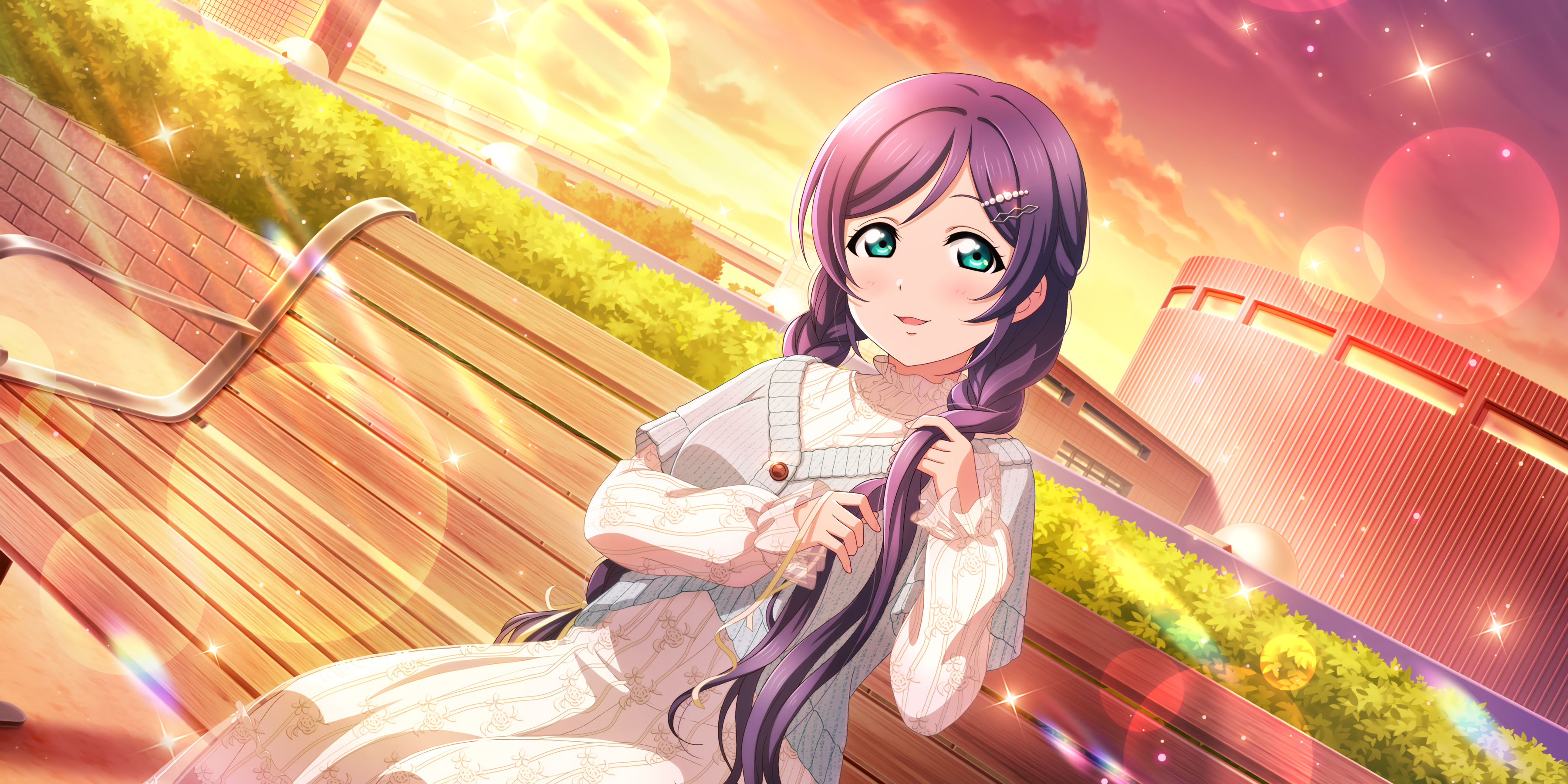 Toujou Nozomi Love Live Anime Anime Girls Bench Stars Sunset Sunset Glow Sunlight Clouds Sky Twintai 3600x1800