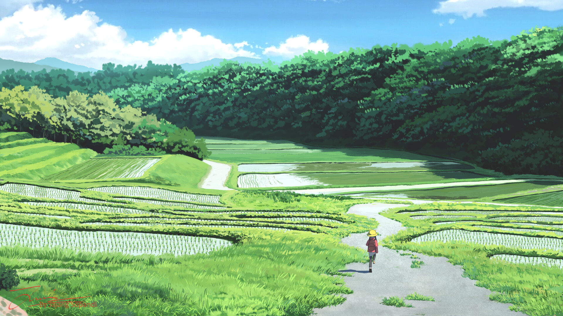 Jajang Sopandi Landscape Digital Art Clear Sky Clouds Field Rice Paddy Trees Children Anime Girls An 1920x1080