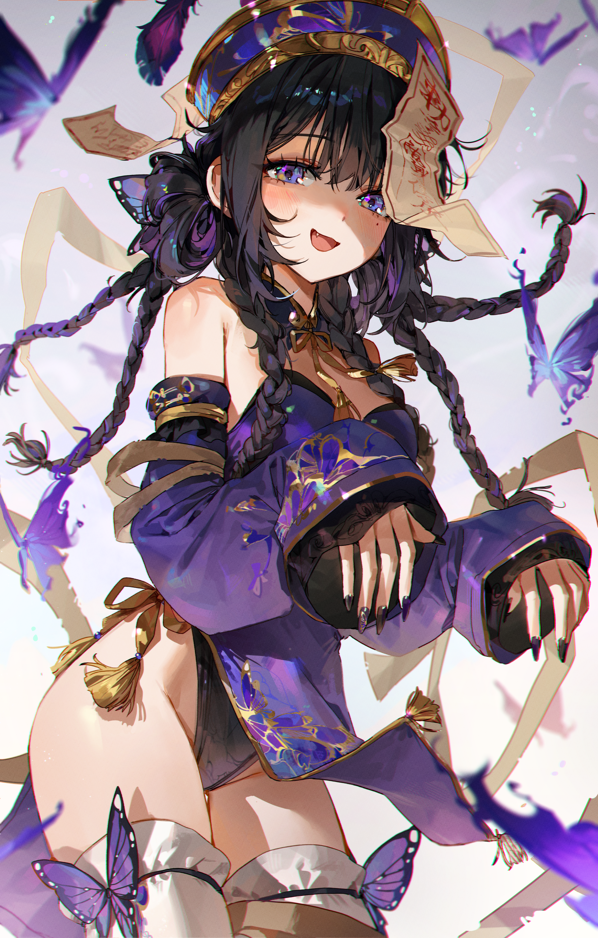 Anime Anime Girls Long Hair Braids Looking At Viewer Portrait Display Hat Black Hair Open Mouth Mole 2000x3134