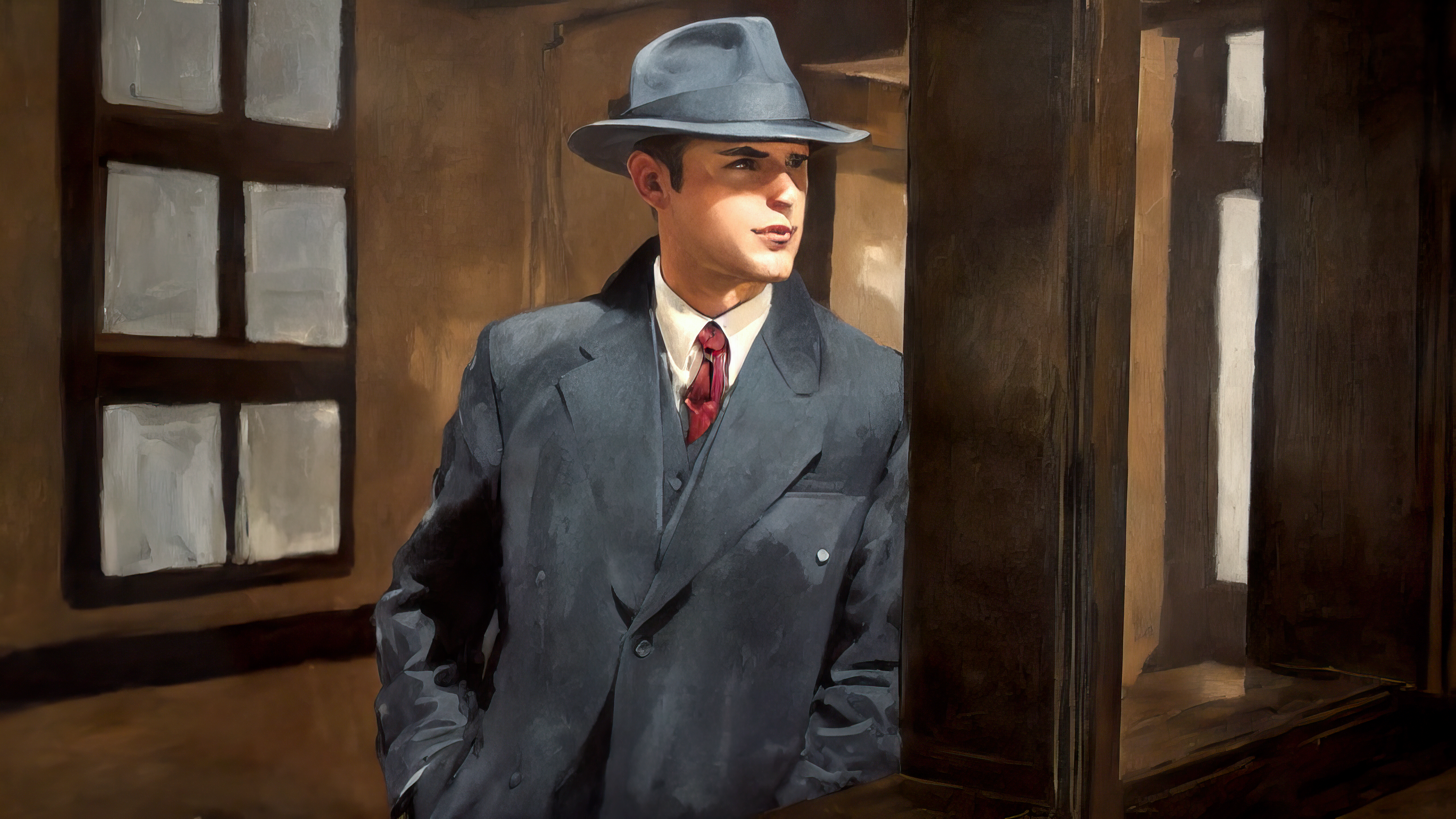 Ai Art Stable Diffusion Detectives Fedora Suit And Tie Hat Hands In Pockets 3840x2160