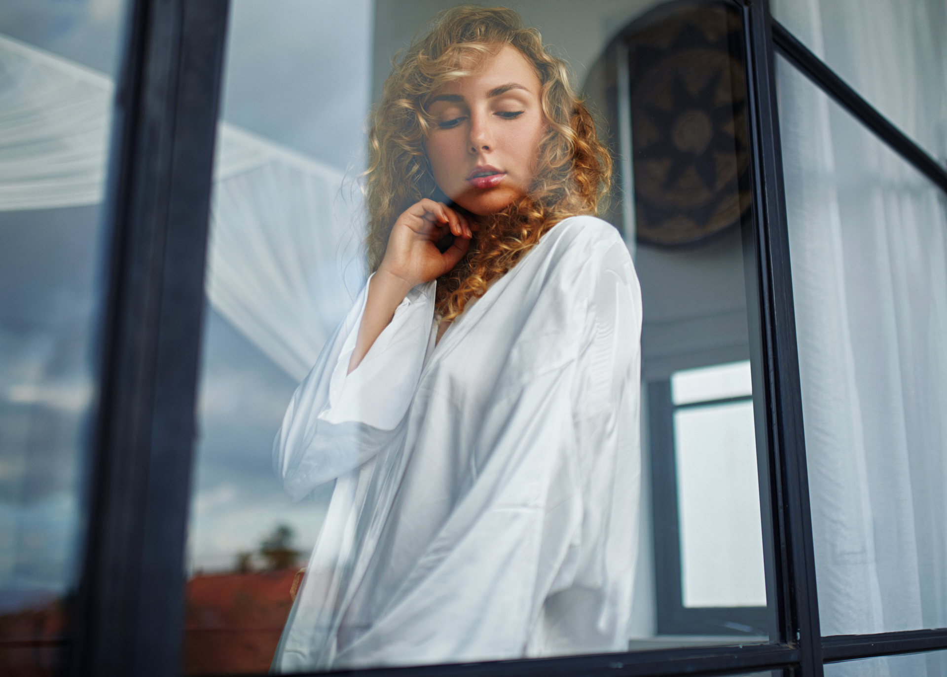 Sergey Zhirnov Women Blonde Curly Hair White Clothing Low Angle Window 1920x1372