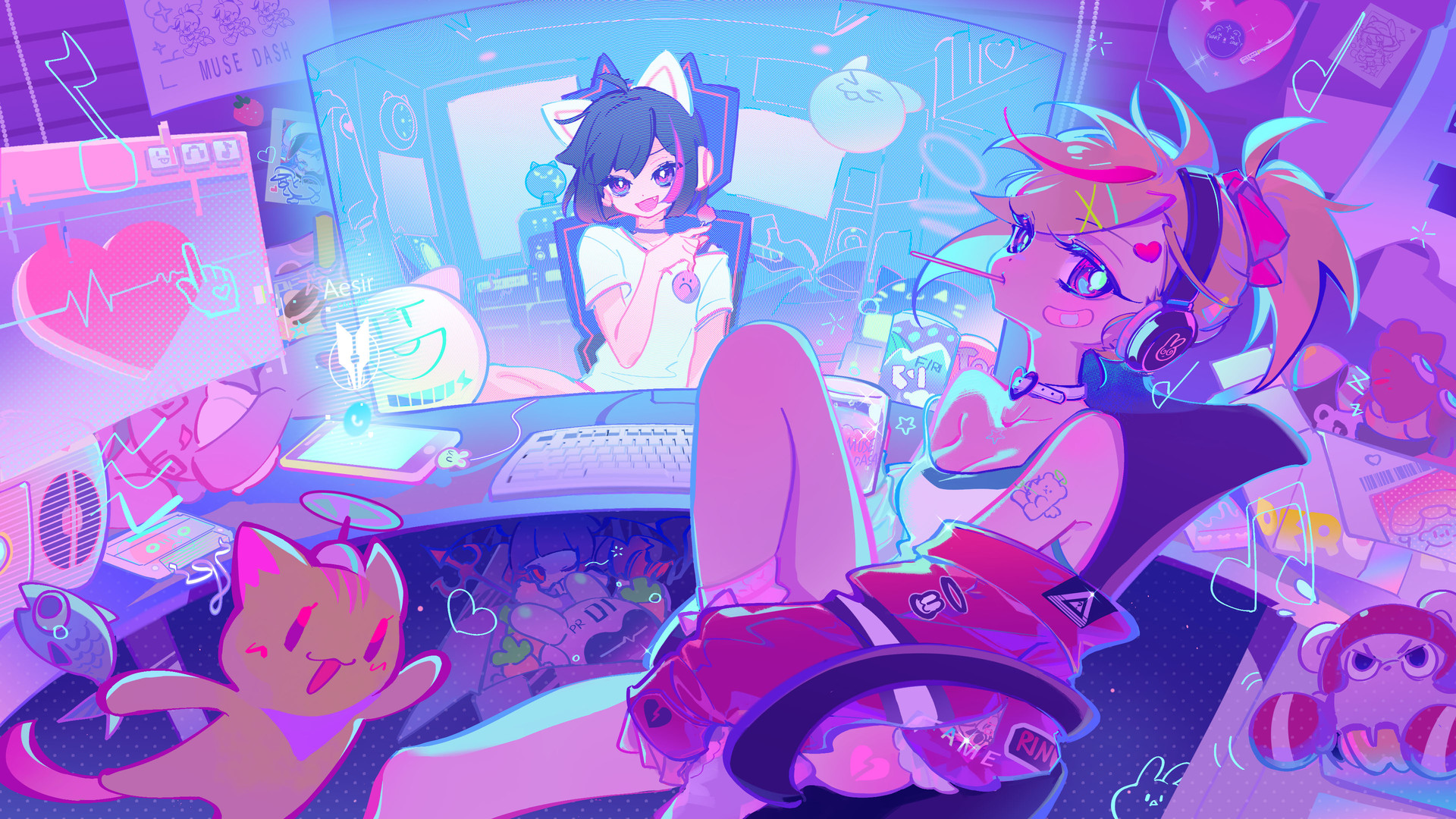 MuseDash Video Game Girls Headphones Computer Blonde Looking At Viewer Cat Ears Colorful Chair Anime 1920x1080