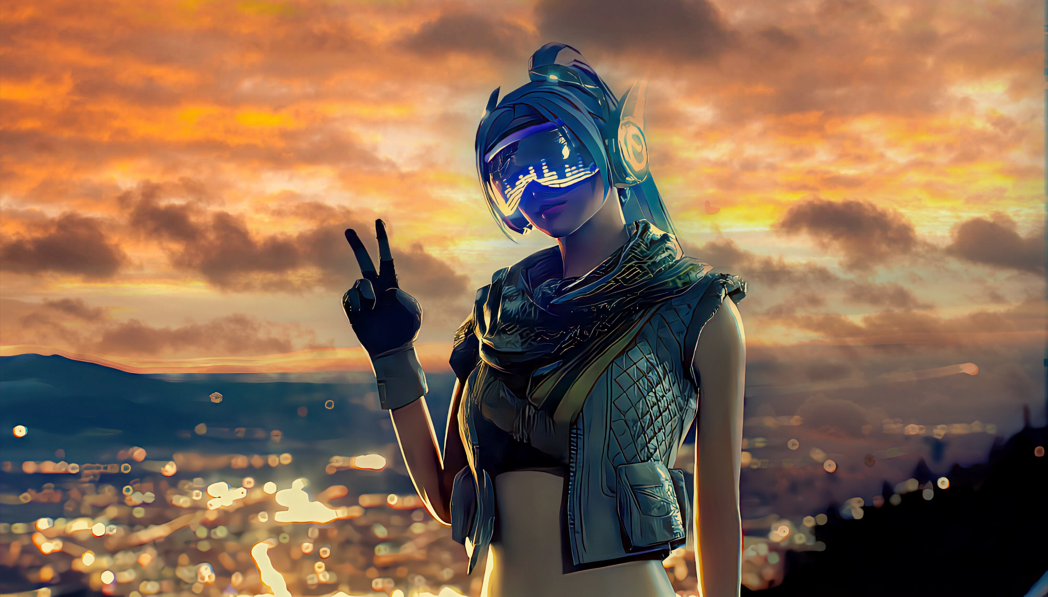 Blue Hair Yellow Sky Game CG Women Victory Sign Ponytail Lights City Lights Gloves Sunset Glow Game  4096x2336