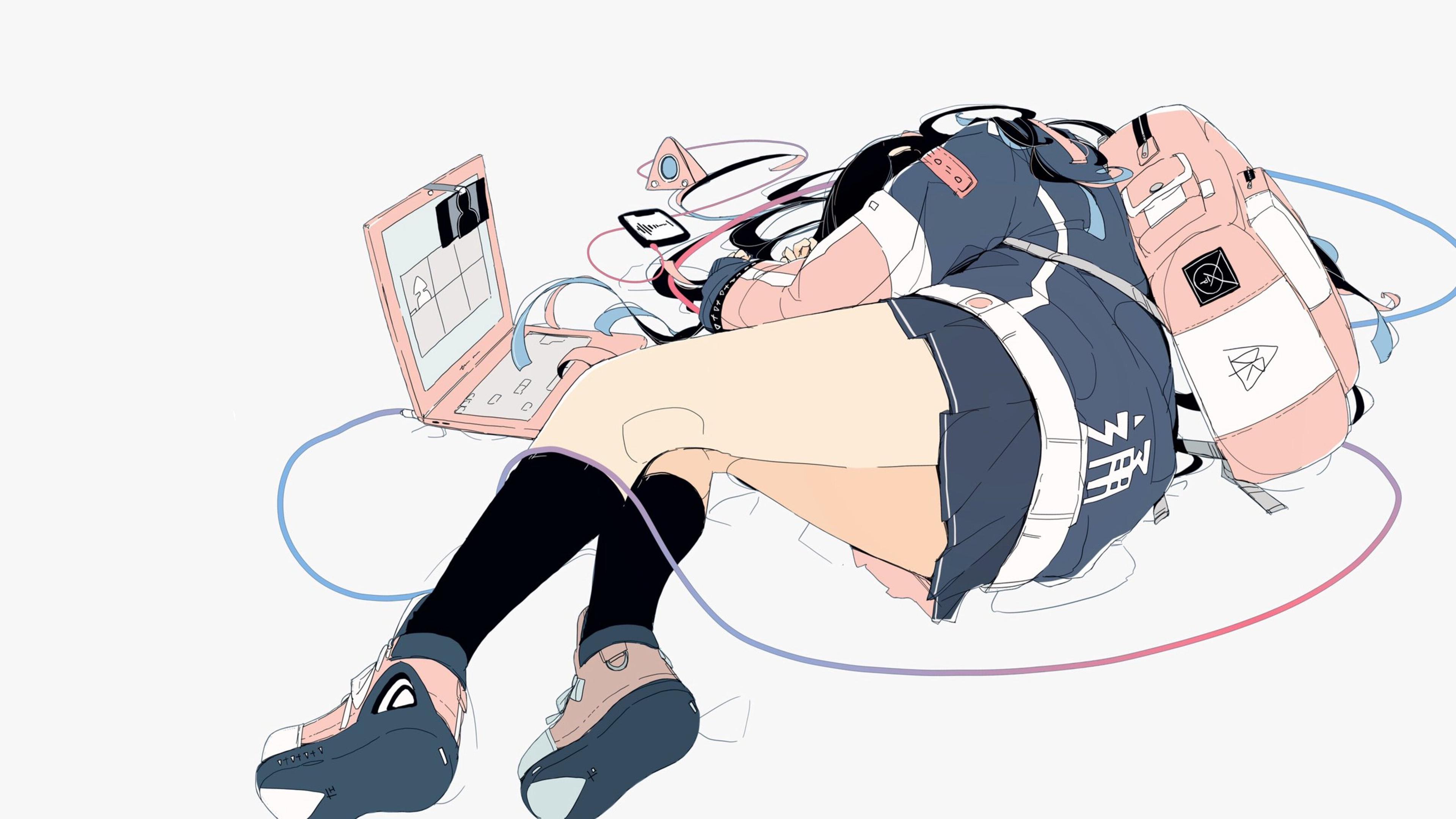 Daisukerichard Anime Girls Original Characters Minimalism Lying On Side Backpacks Laptop Simple Back 3840x2160