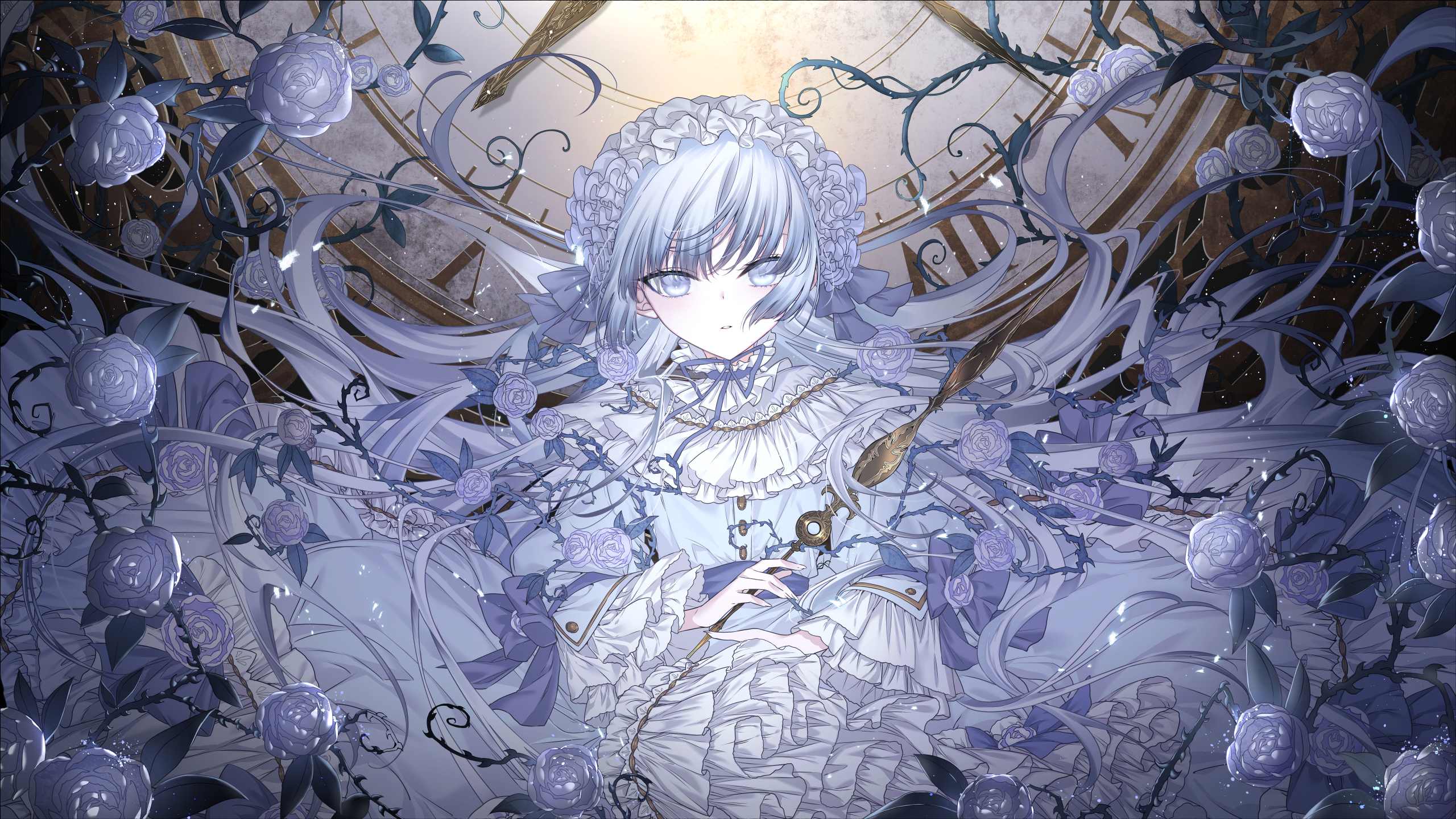 Anime Girls Anime Illustration Boyce Avenue Silver Eyes Silver Hair Rose Leaves Vines Looking At Vie 2560x1440