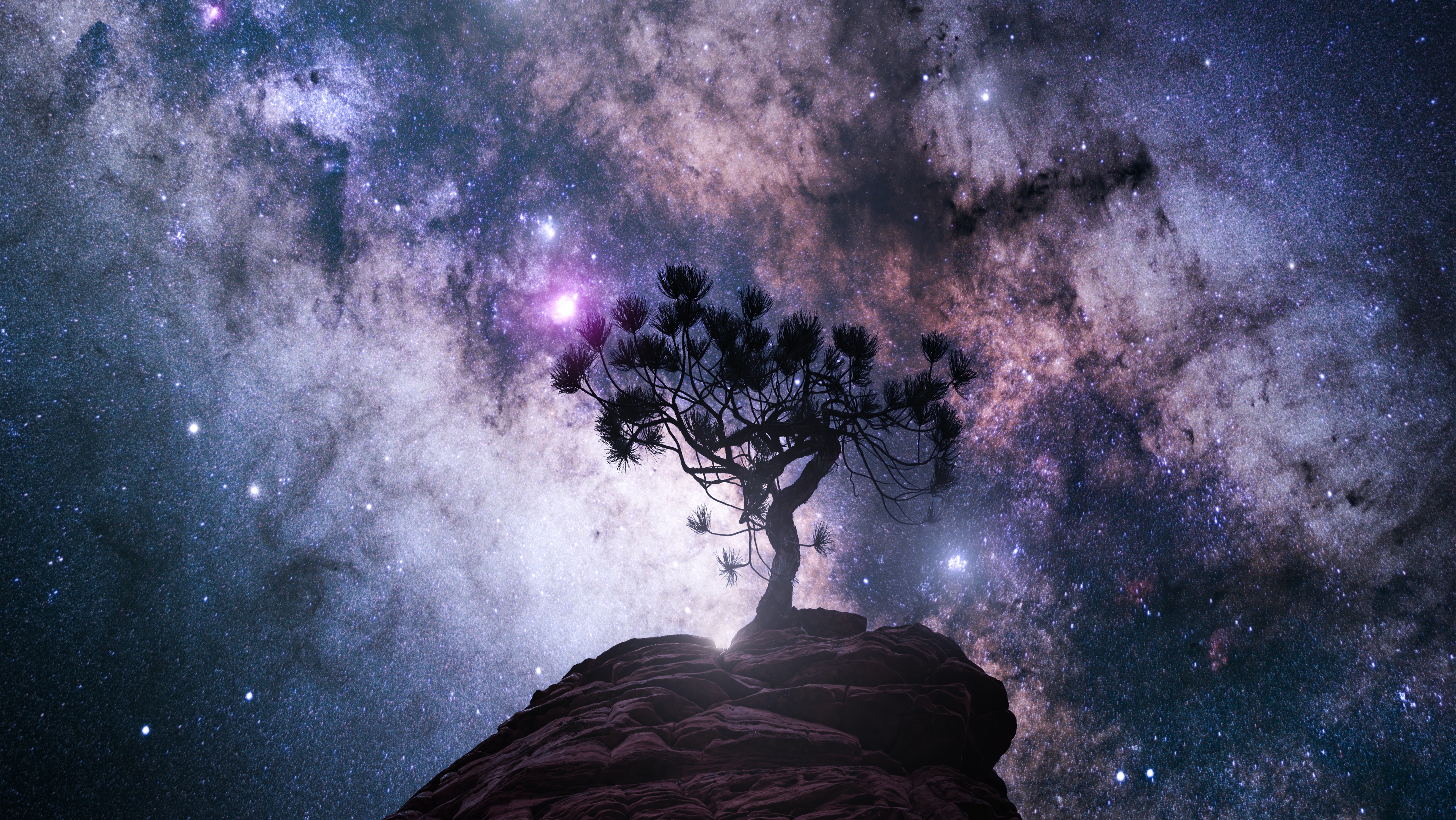 Trees Landscape Nightscape Nature Sky Galaxy Stars 3838x2160