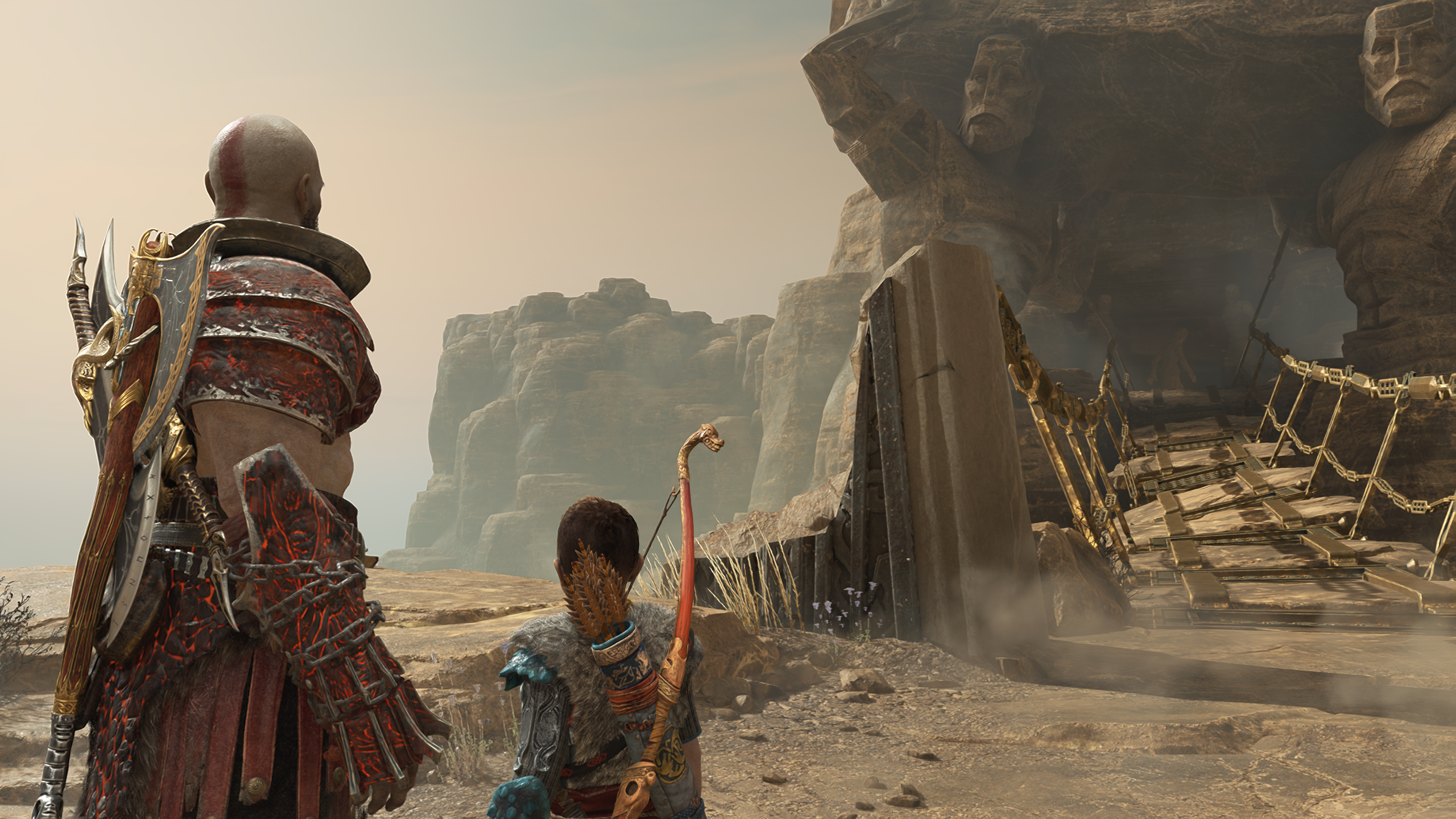 God Of War Kratos Atreus Digital Art Video Games Armor Video Game Characters Video Game Art Standing 2560x1440