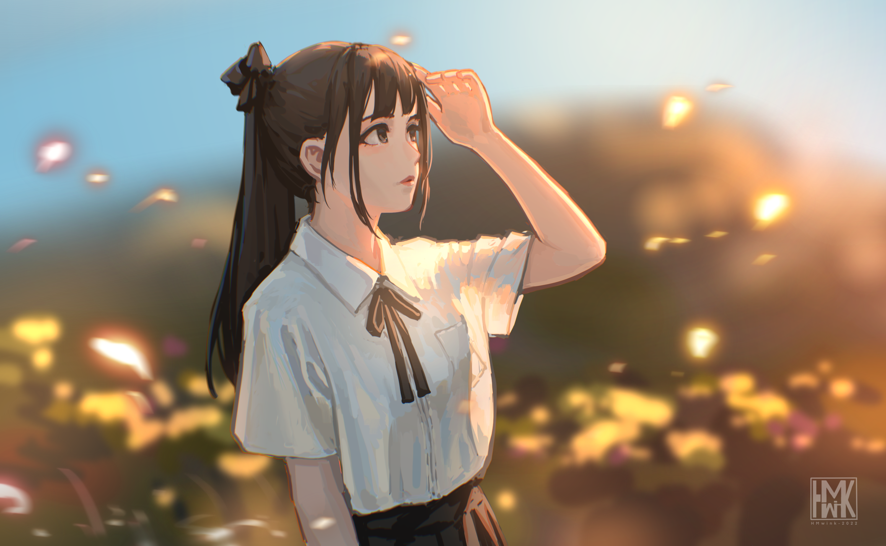 Black Hair Students Dark Hair Long Hair Ponytail Looking Into The Distance White Shirt 3000x1848