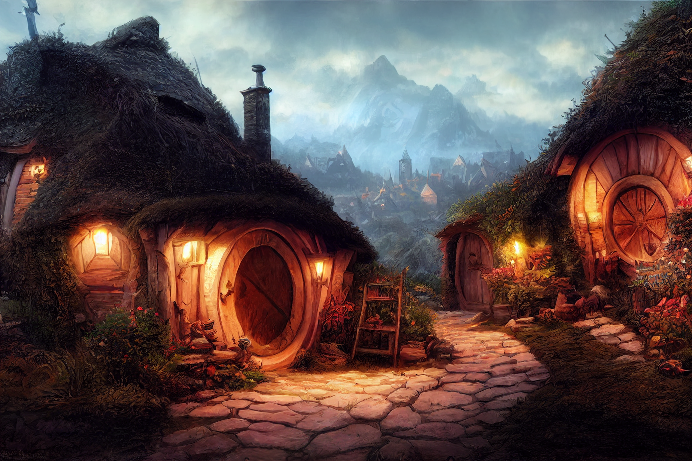 Hobbiton Village Evening Fantasy Art The Shire J R R Tolkien 2304x1536