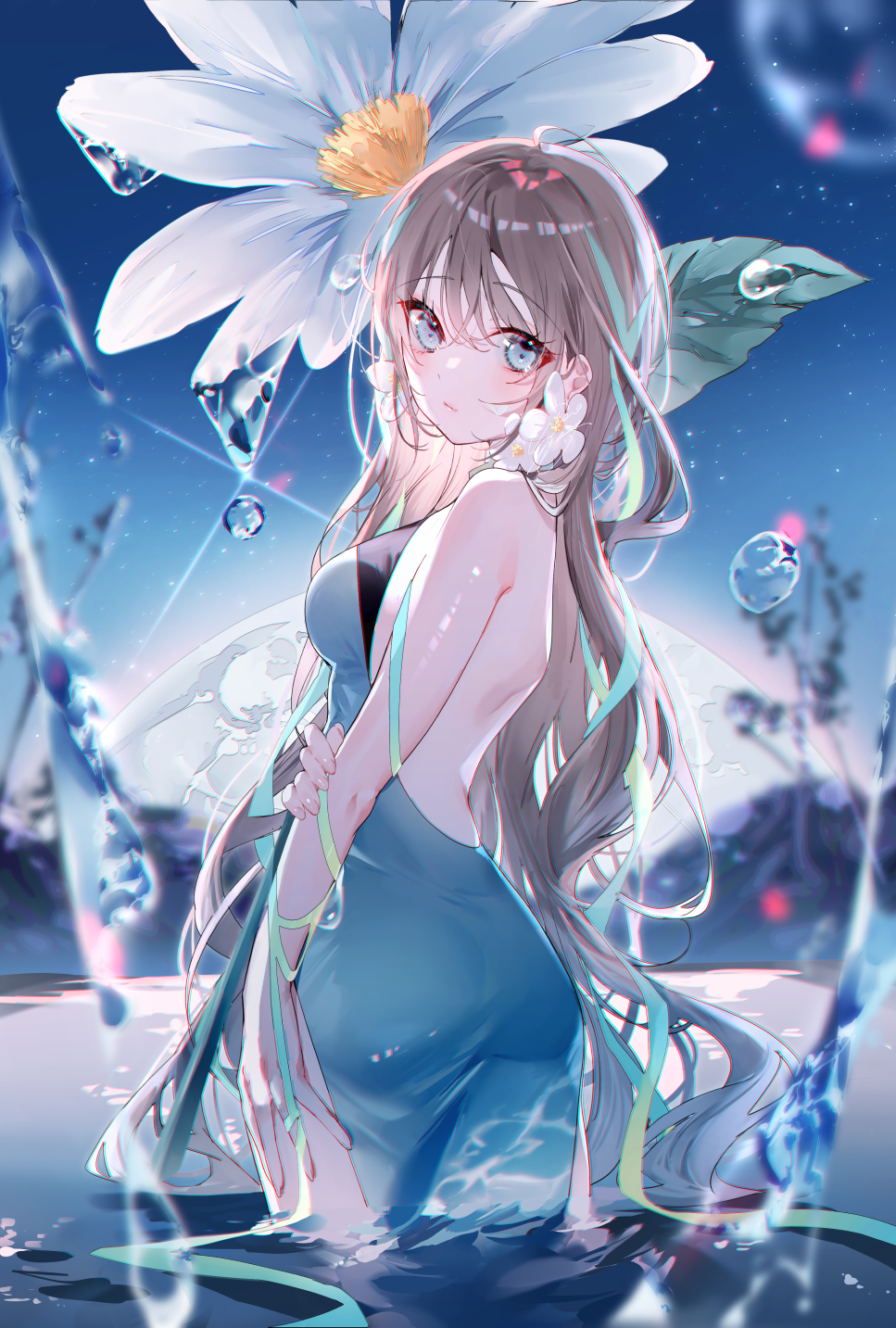 Anime Anime Girls Portrait Display Water Standing In Water Long Hair Looking At Viewer Water Drops D 967x1433