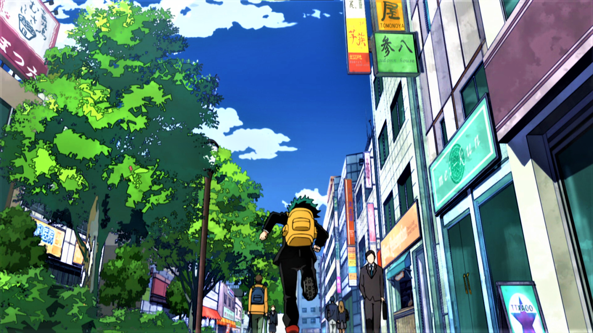 Boku No Hero Academia Deku Izuku Midoriya Running Trees Uniform Green Hair Building Sky Clouds Anime 1920x1080