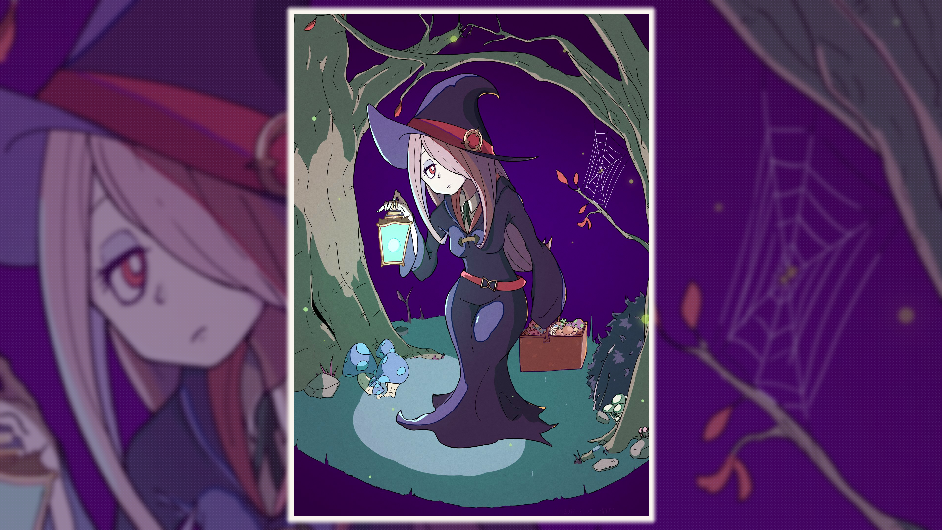 Little Witch Academia Sucy Manbavaran Pink Hair Purple Hair Witch Hat Witch Lantern Lamp Trees Leave 3840x2160