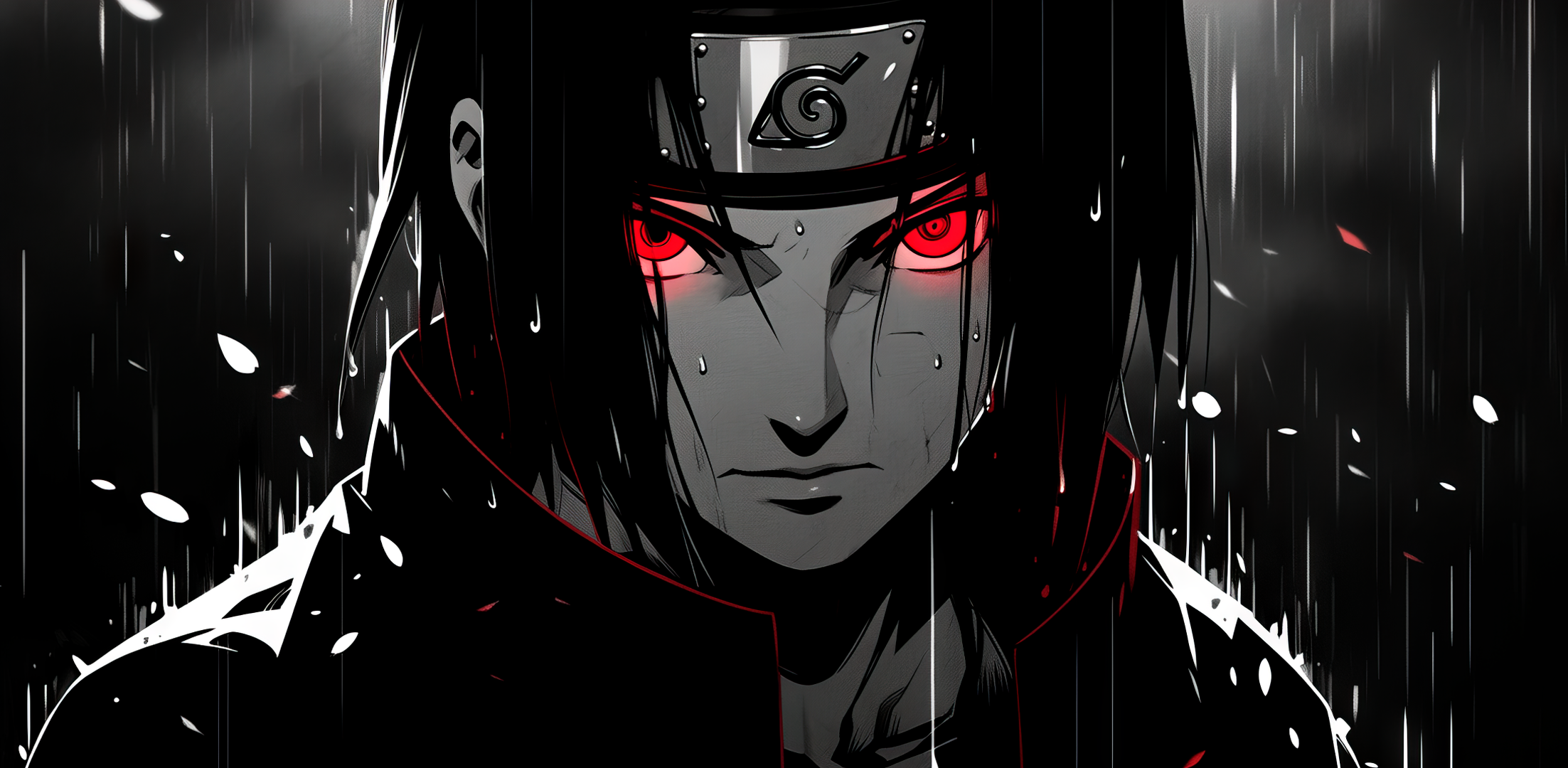 Anime Boys Naruto Anime Uchiha Itachi Red Eyes Monochrome Naruto Shippuuden Looking At Viewer Shonen 2205x1080