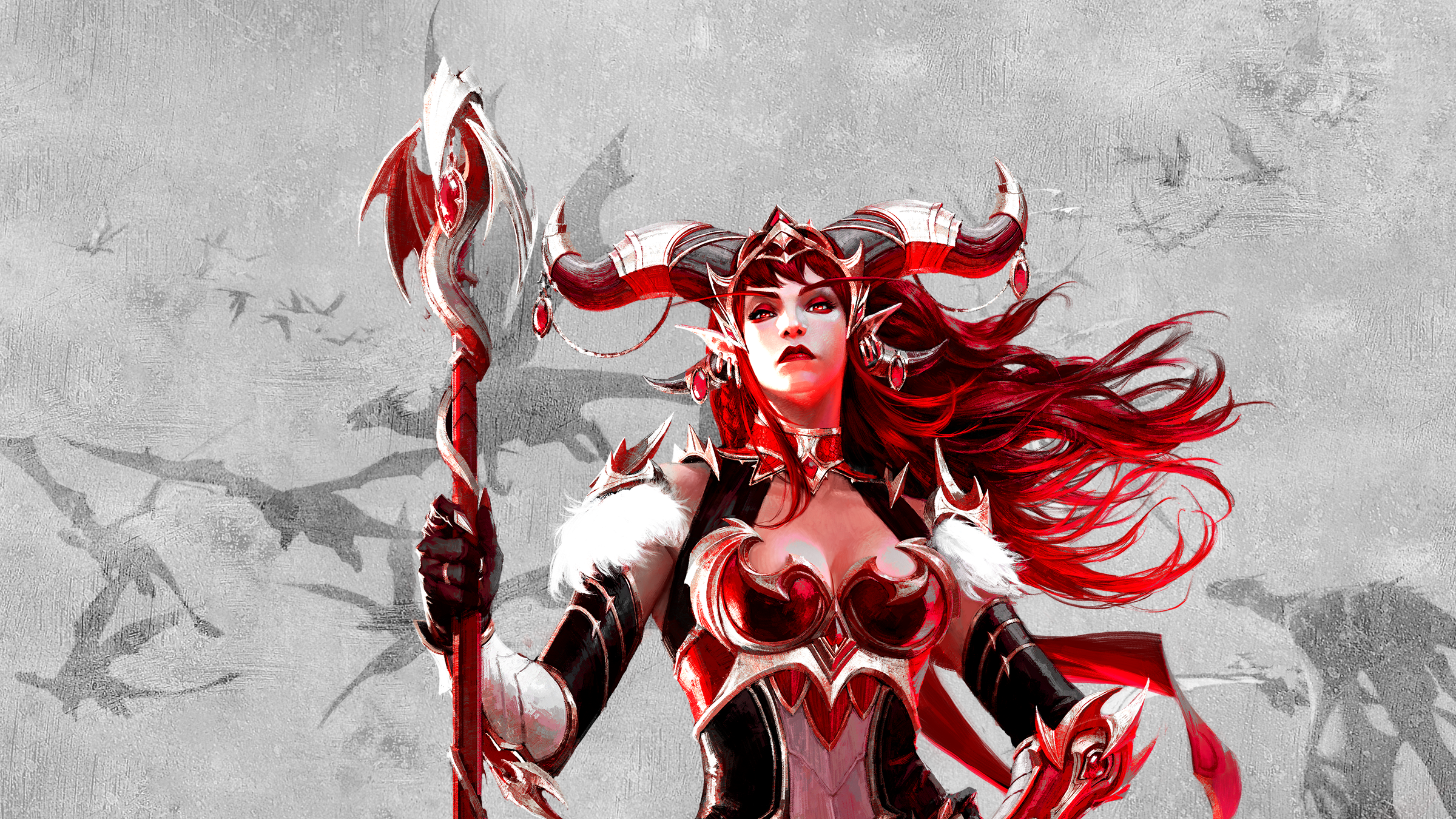 Alexstrasza World Of Warcraft Fantasy Art Redhead Red Eyes Pointy Ears Horns Dragon 2400x1350