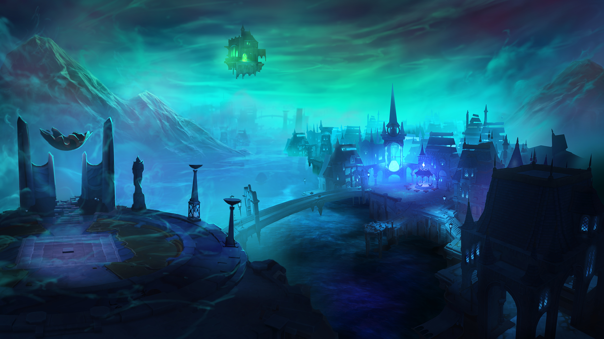 Runescape PC Gaming Video Game Art City Bridge Video Games Mountains Clouds Sky Floater Water Buildi 1920x1080