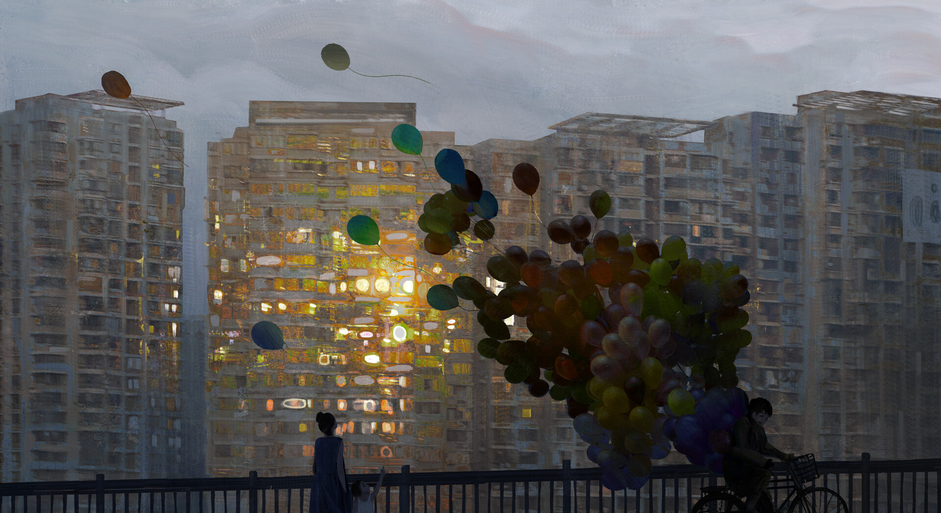 DannyLaiLai ArtStation Block Of Flats Brutalism Balloon Bicycle City 1920x1047