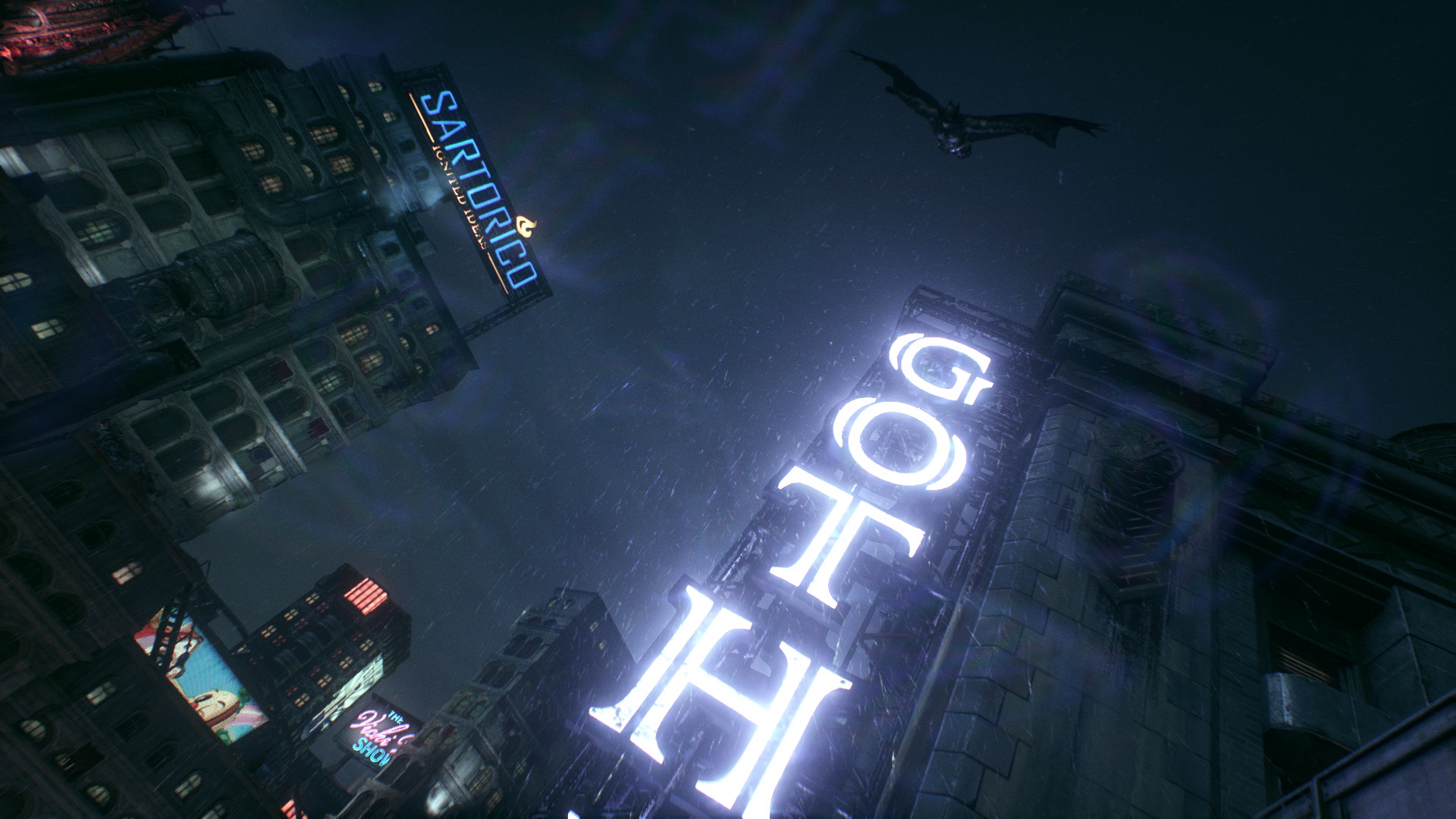 Batman Arkham Knight Neon Night City Rain Video Games CGi City Lights Batman 1920x1080