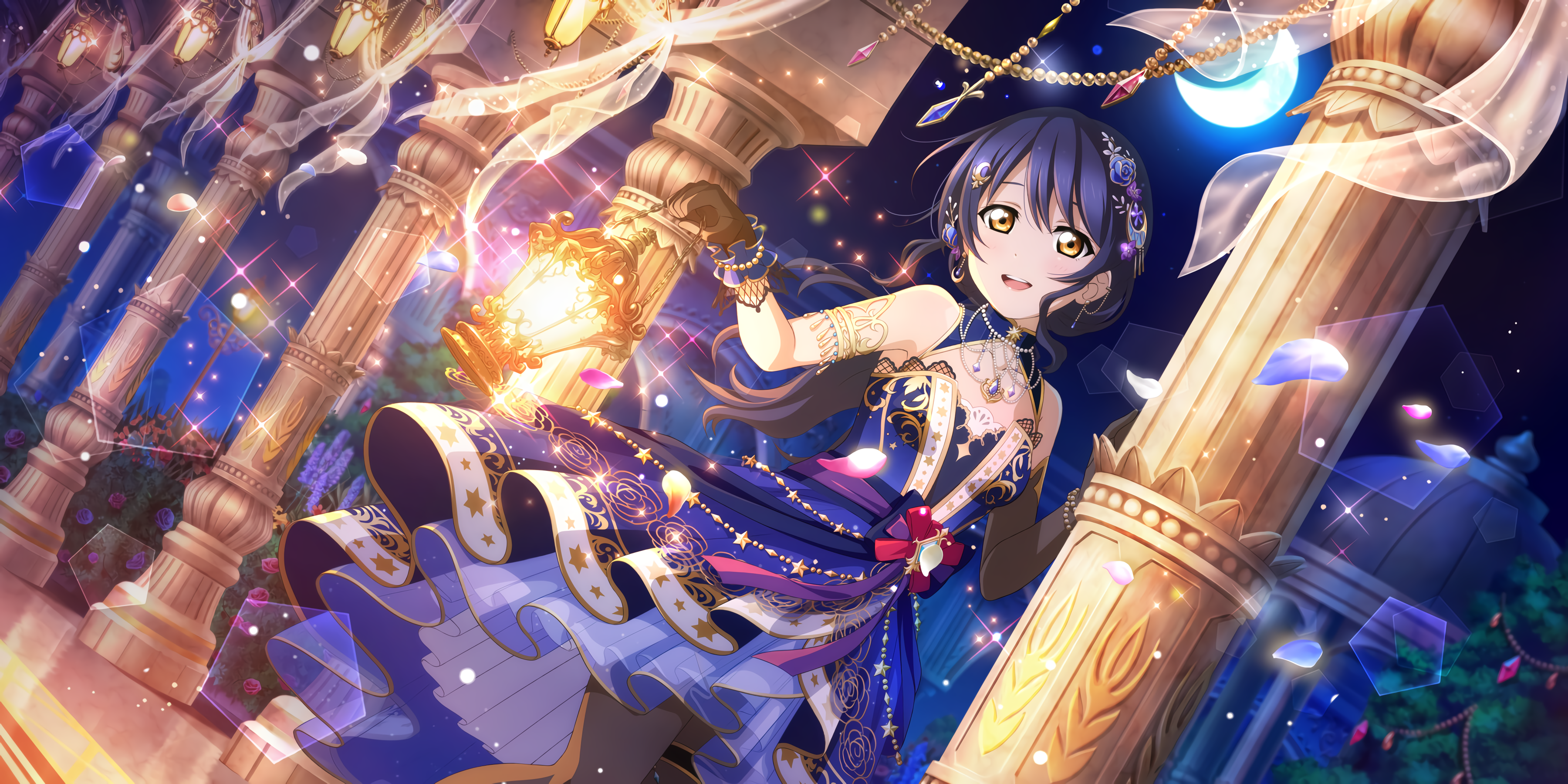 Sonoda Umi Love Live Anime Anime Girls Dress Petals Moon Crescent Moon Gloves Jewelry Night 3600x1800