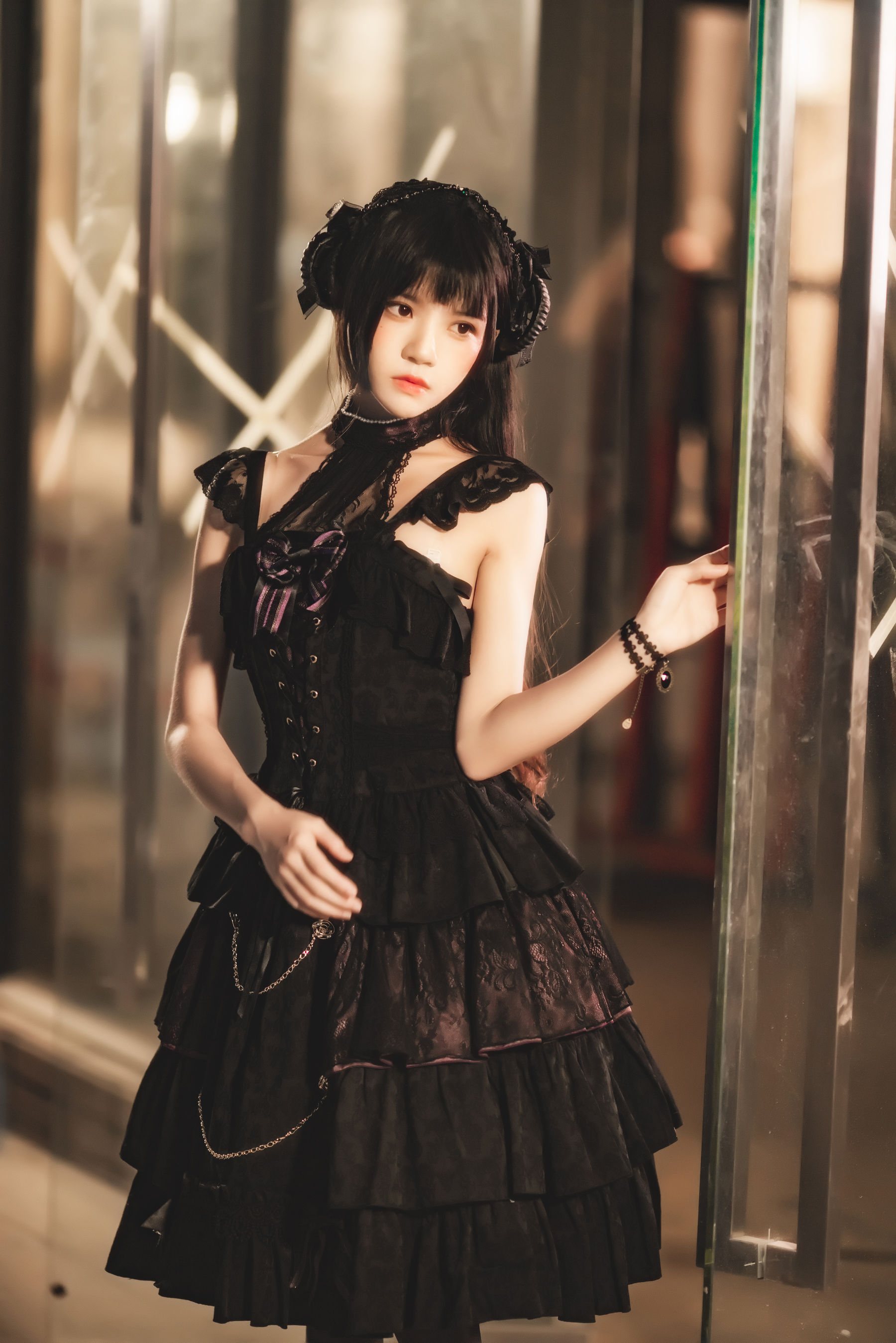 Cherryneko Women Model Asian Long Hair Dark Hair Night Gothic Lolita Black Dress 1800x2698