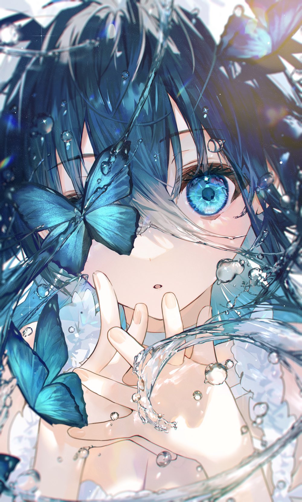 Digital Art Artwork Illustration Anime Anime Girls Women Butterfly Face Closeup Blue Hair Water Port 1000x1660