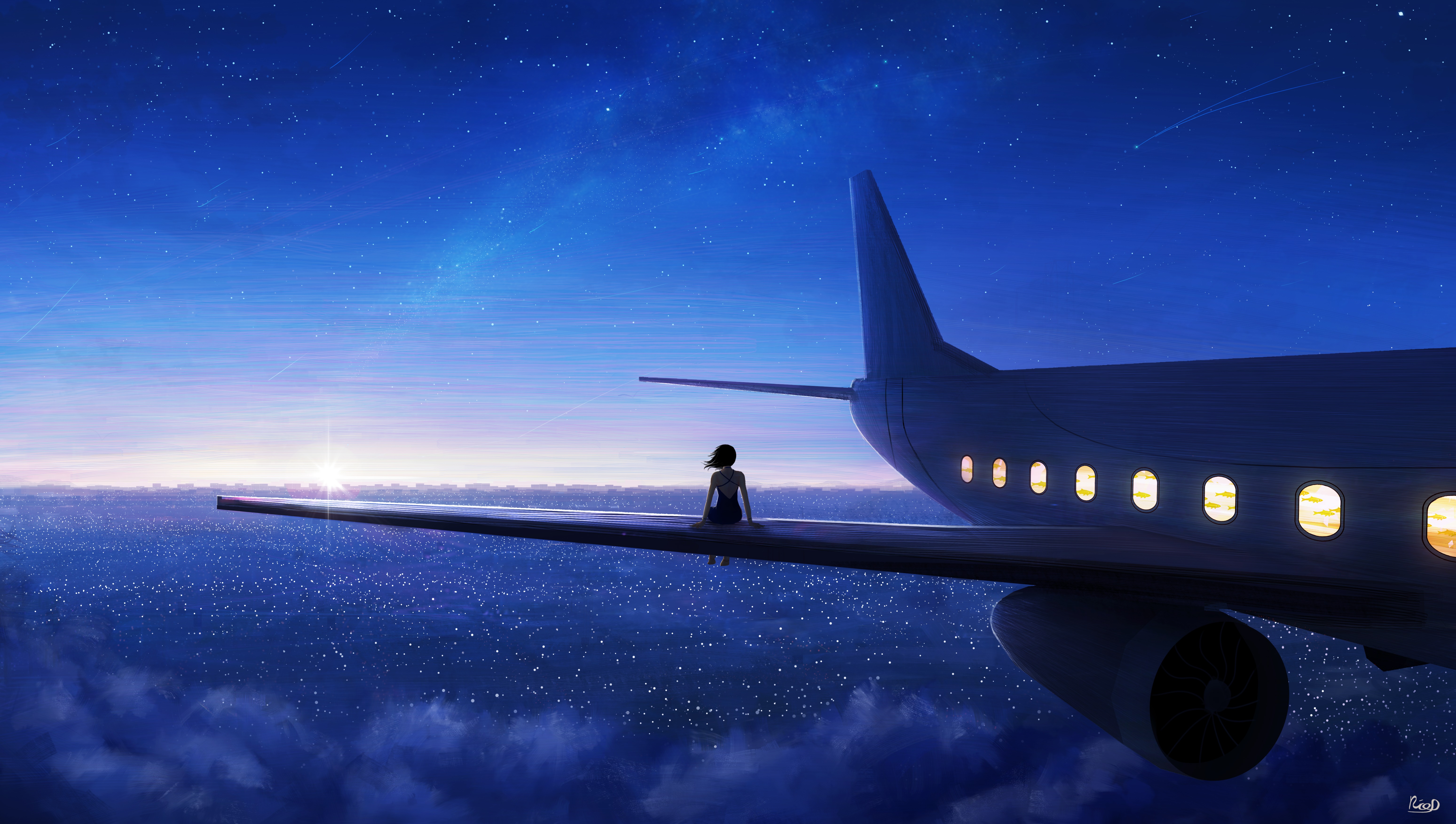 Anime Starry Night Anime Girls Planes Aircraft 6194x3508