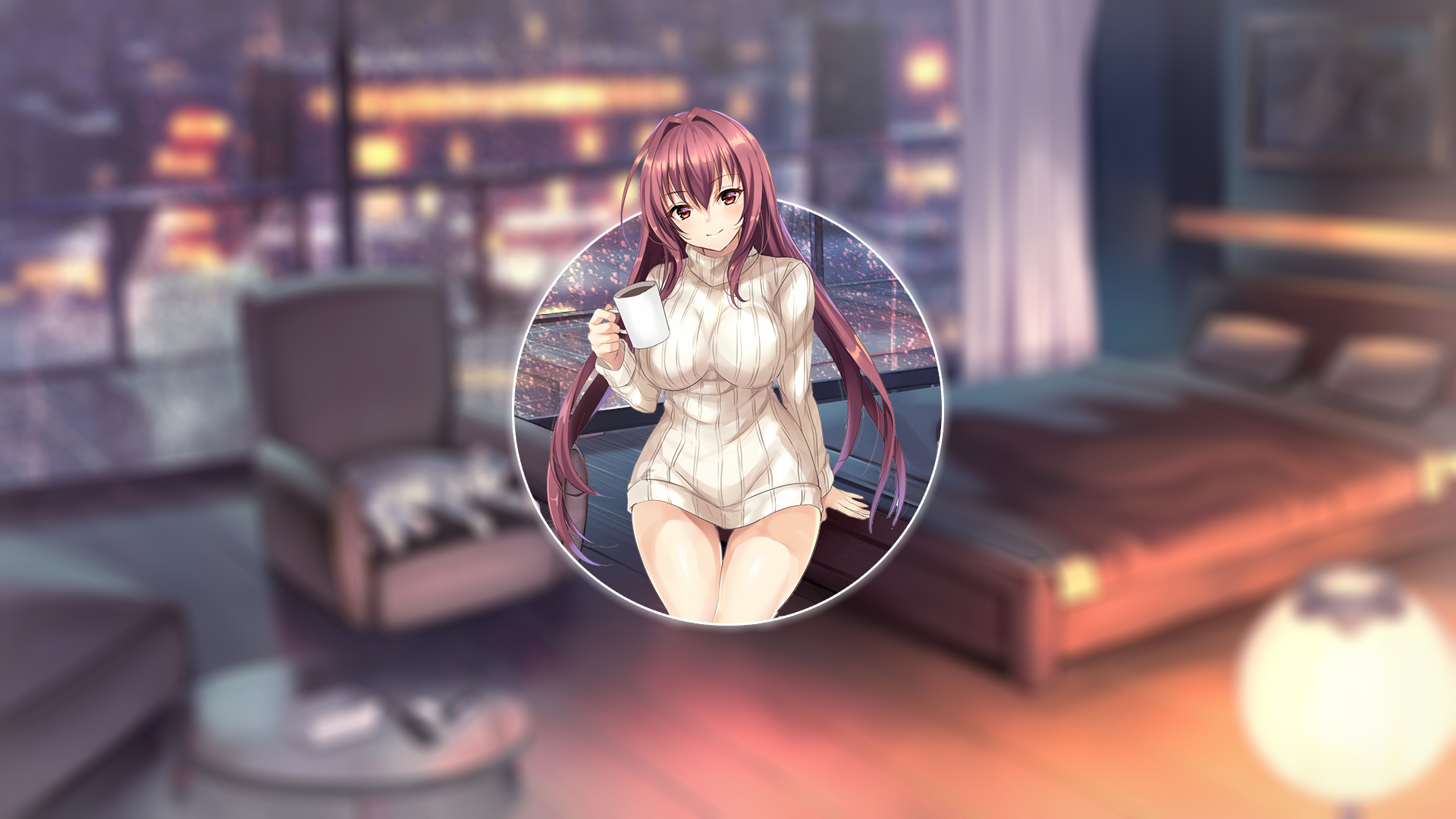 Scathach Anime Anime Girls Picture In Picture Sweater Coffee Evening Fate Grand Order Twintails 1920x1080
