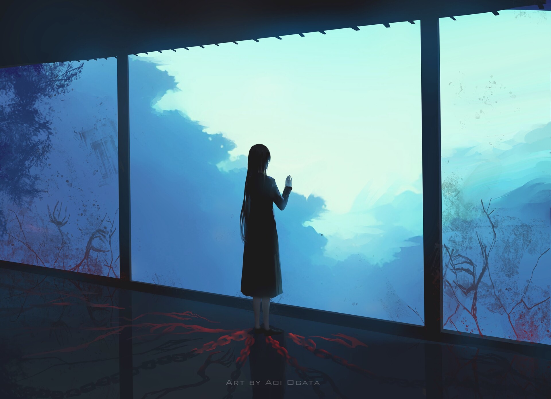 Aoi Ogata Blue Women Anime Girls Black Hair Chained Chains Clear Sky Window Dark Black Dress Dress S 1920x1391