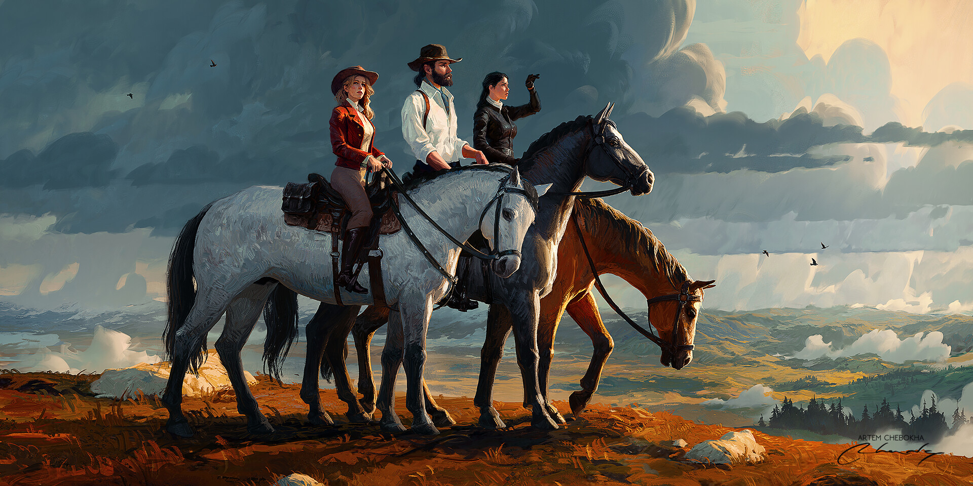 Artwork Digital Art Horse Clouds Cowboy Cowgirl Horseback Hat Artem Chebokha 1920x960