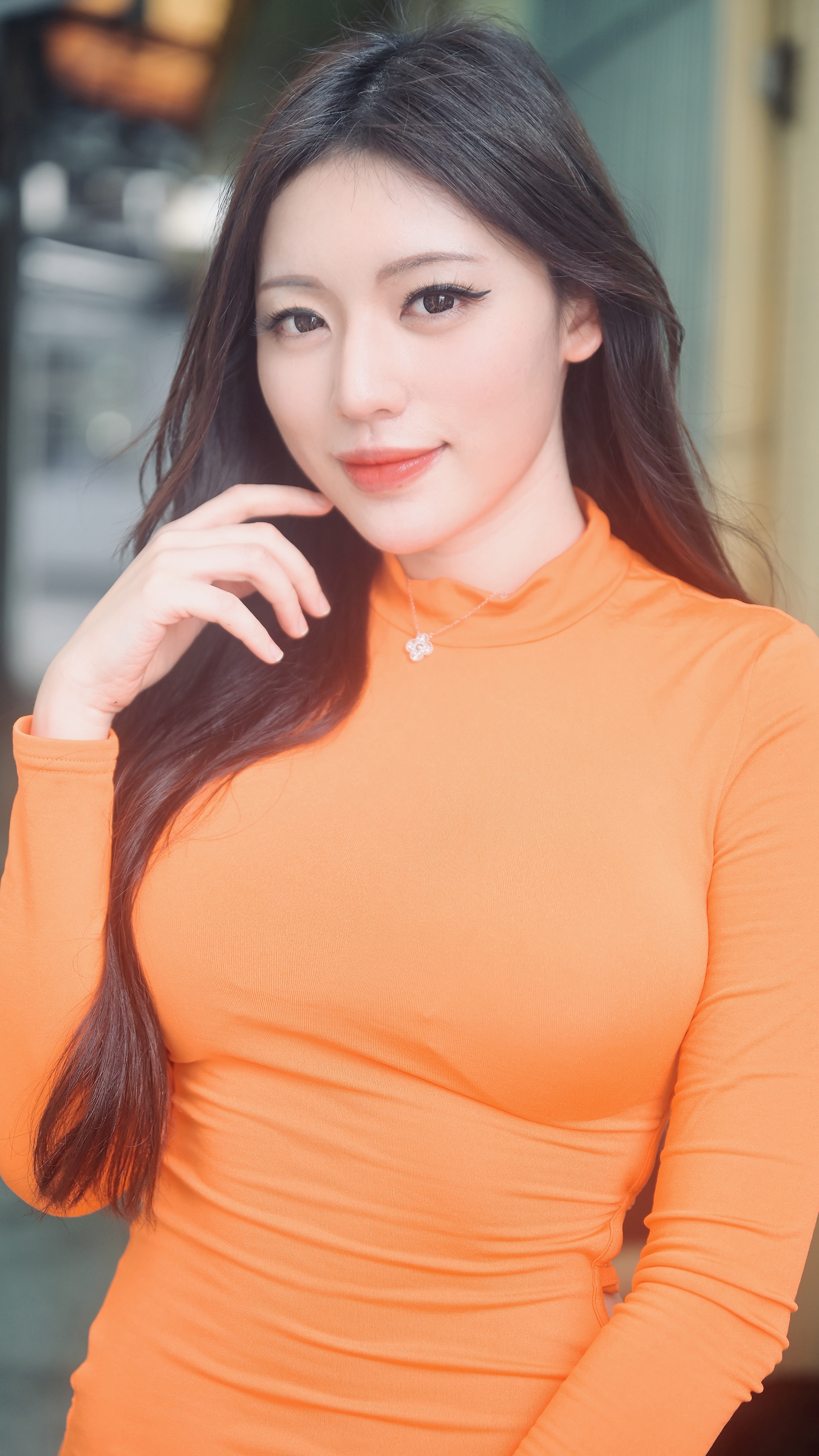 Asian Women Model Orange Dress Long Hair Brunette Looking At Viewer Portrait Display Women Outdoors 1620x2880