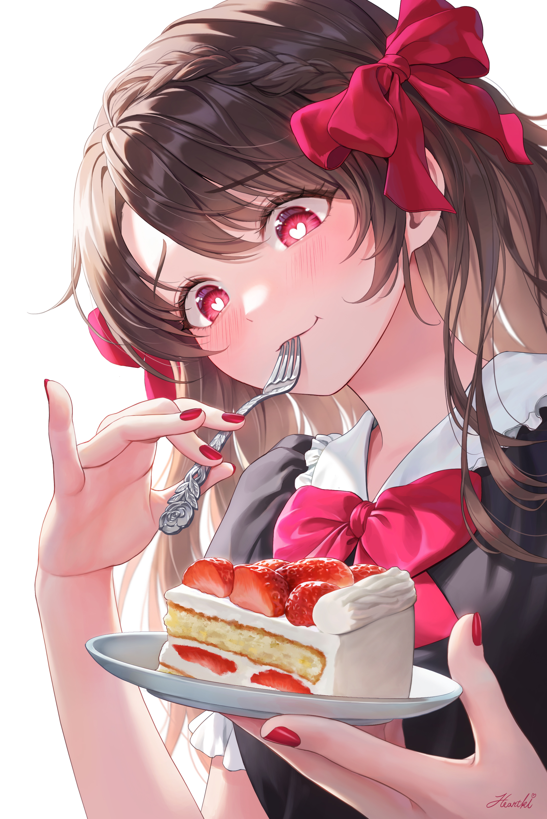 Anime Ribbon Fork Cake Nail Polish Heart Eyes Eating Brunette Anime Girls Strawberries Heartki Blush 2147x3215
