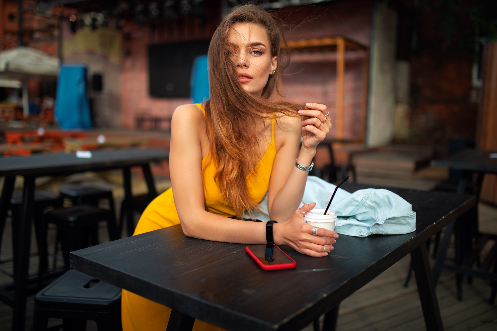 Dmitry Shulgin Women Model Blonde Women Indoors Restaurant Yellow Dress Dress Cellphone Smartphone T 2048x1365