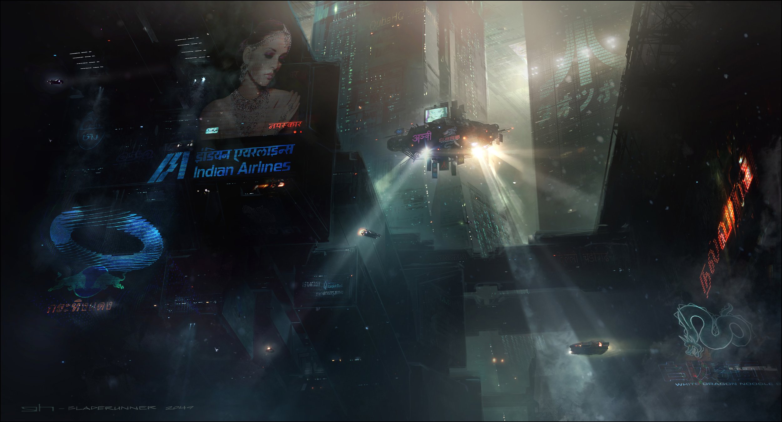 George Hull Science Fiction Blade Runner 2049 Digital Art Flying Car Skyscraper Megastructure Lights 2500x1351