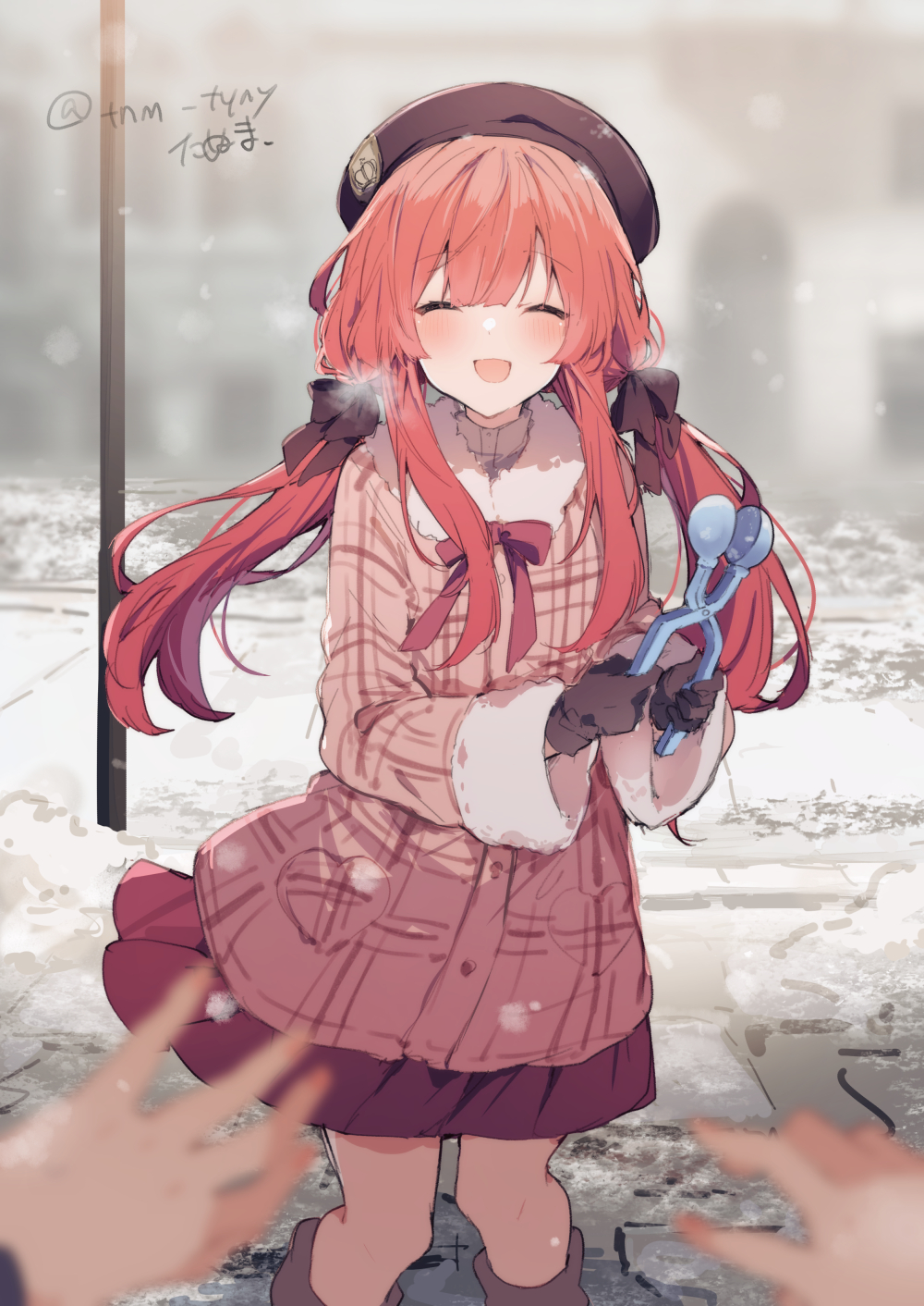Anime Anime Girls Smiling Redhead Winter Snow Snowing Vertical Closed Eyes Hat Gloves Japanese 1000x1412