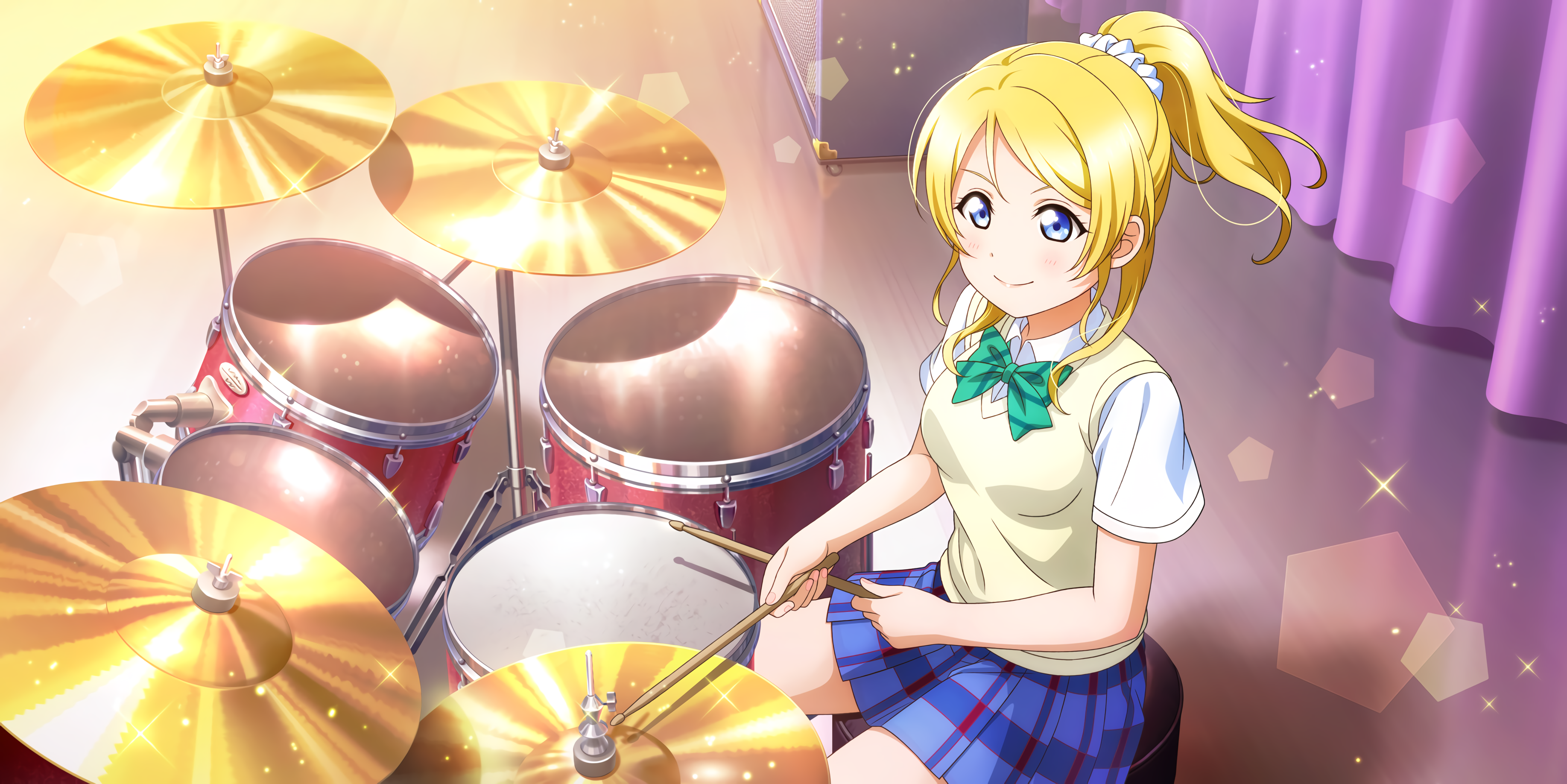 Ayase Eli Love Live Anime Anime Girls Drums Musical Instrument Blonde Blue Eyes School Uniform Ponyt 3670x1836