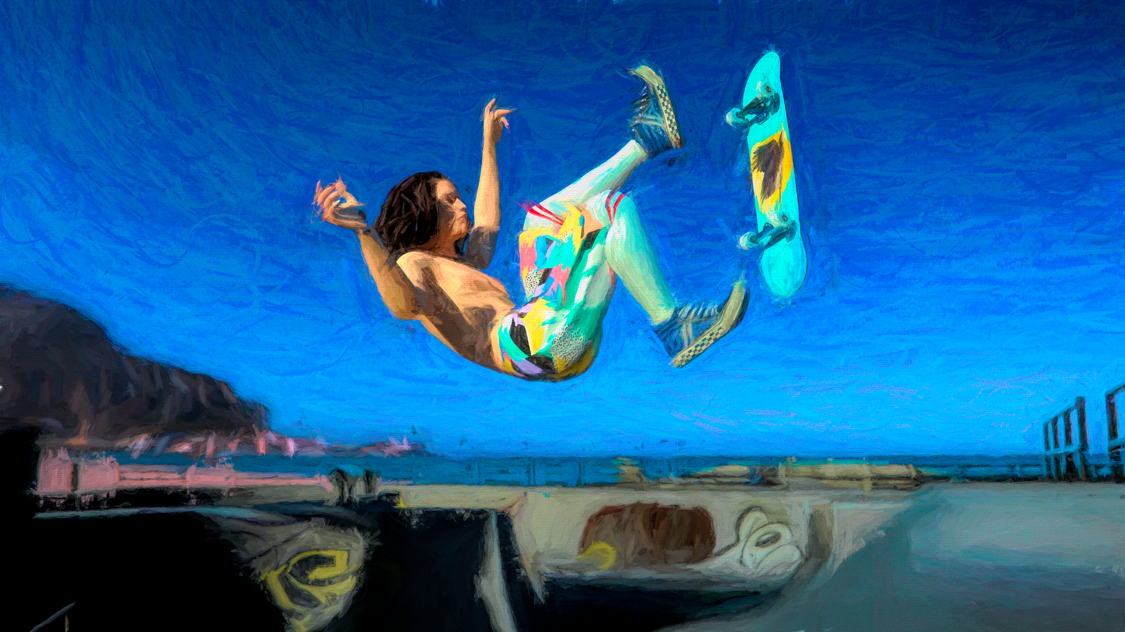 3D CGi Digital Art Render Shaders Skateboarding Skateboard Skatepark Beach Artwork 3840x2160