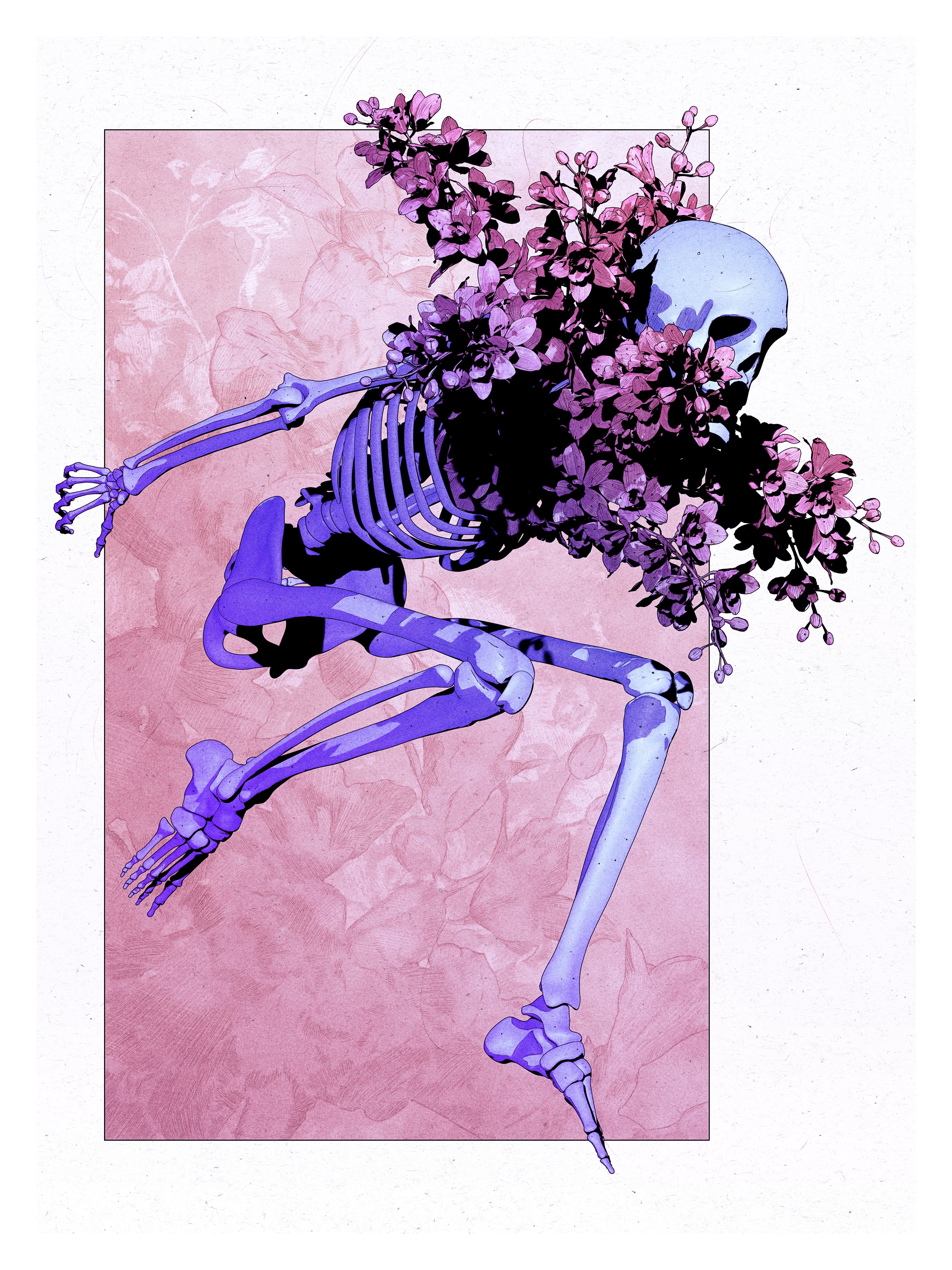 Skeleton Illustration Digital Art Lavender Spooky DanielTaylor Flowers Portrait Display Simple Backg 3072x4096