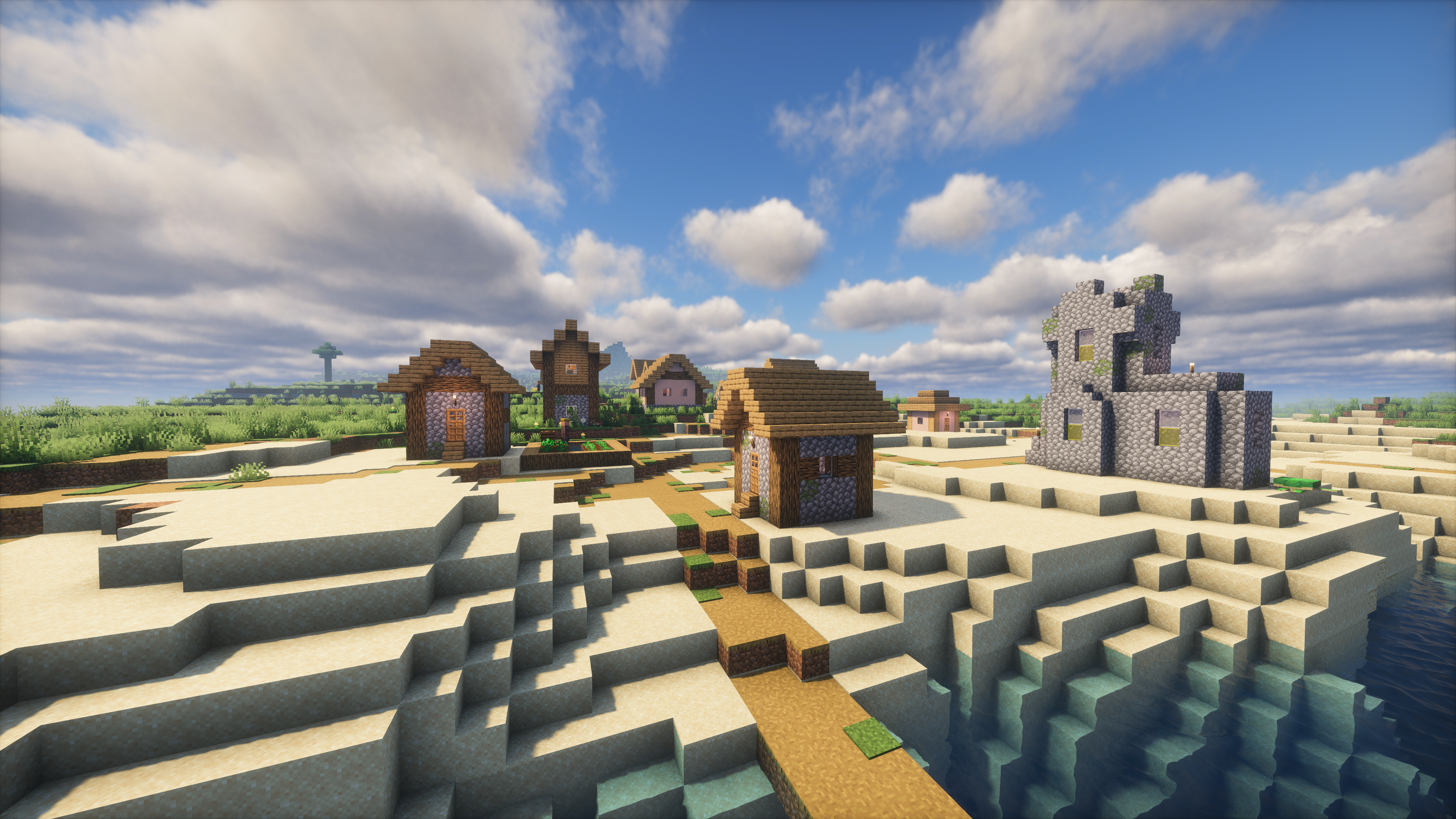 Minecraft Village Sea Village Digital Art Video Games CGi Sky Clouds Cube House Building 3840x2160
