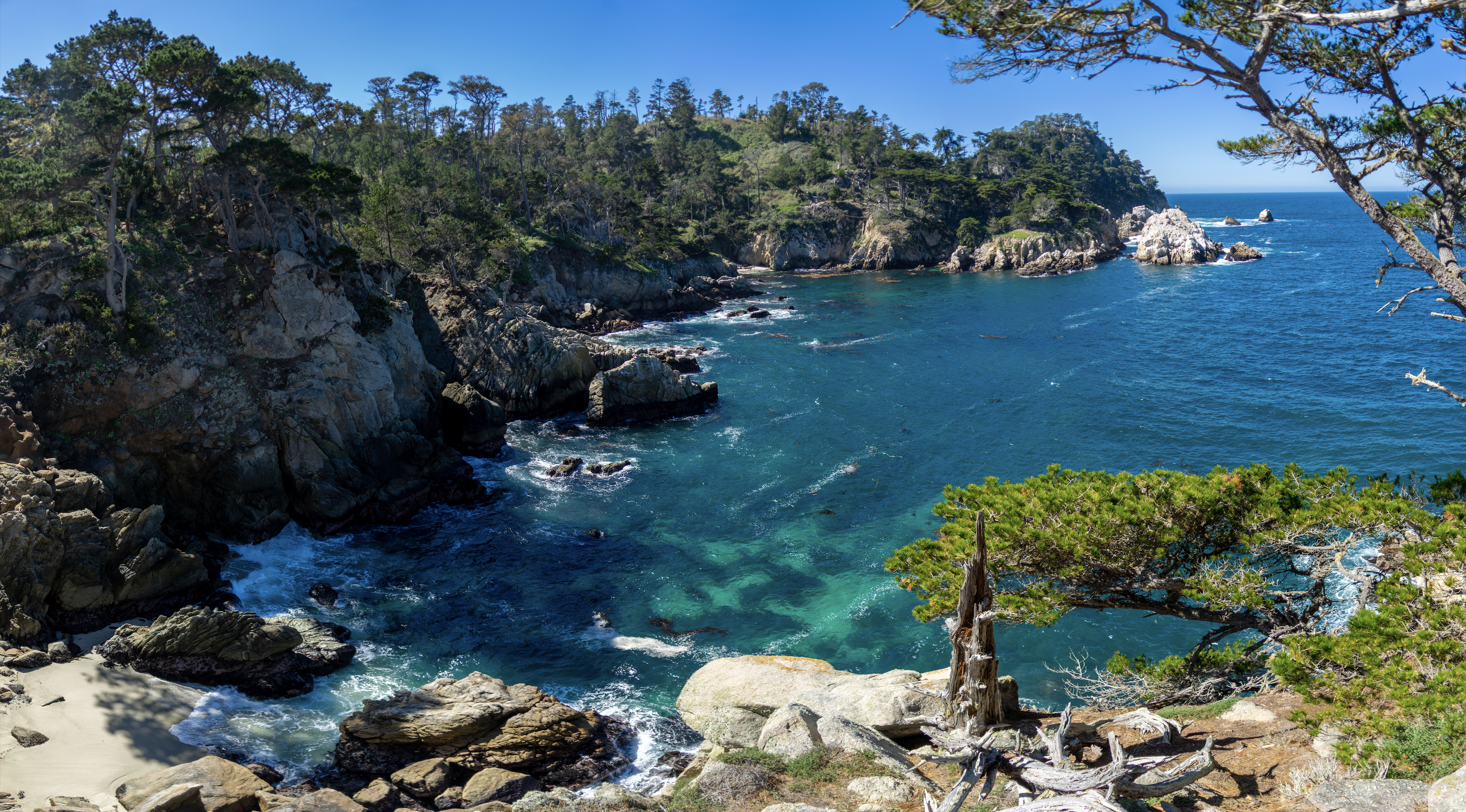 California USA Landscape Nature Coast Cliff Sea Sunny Forest Shallows Calm Waters Water 3360x1862
