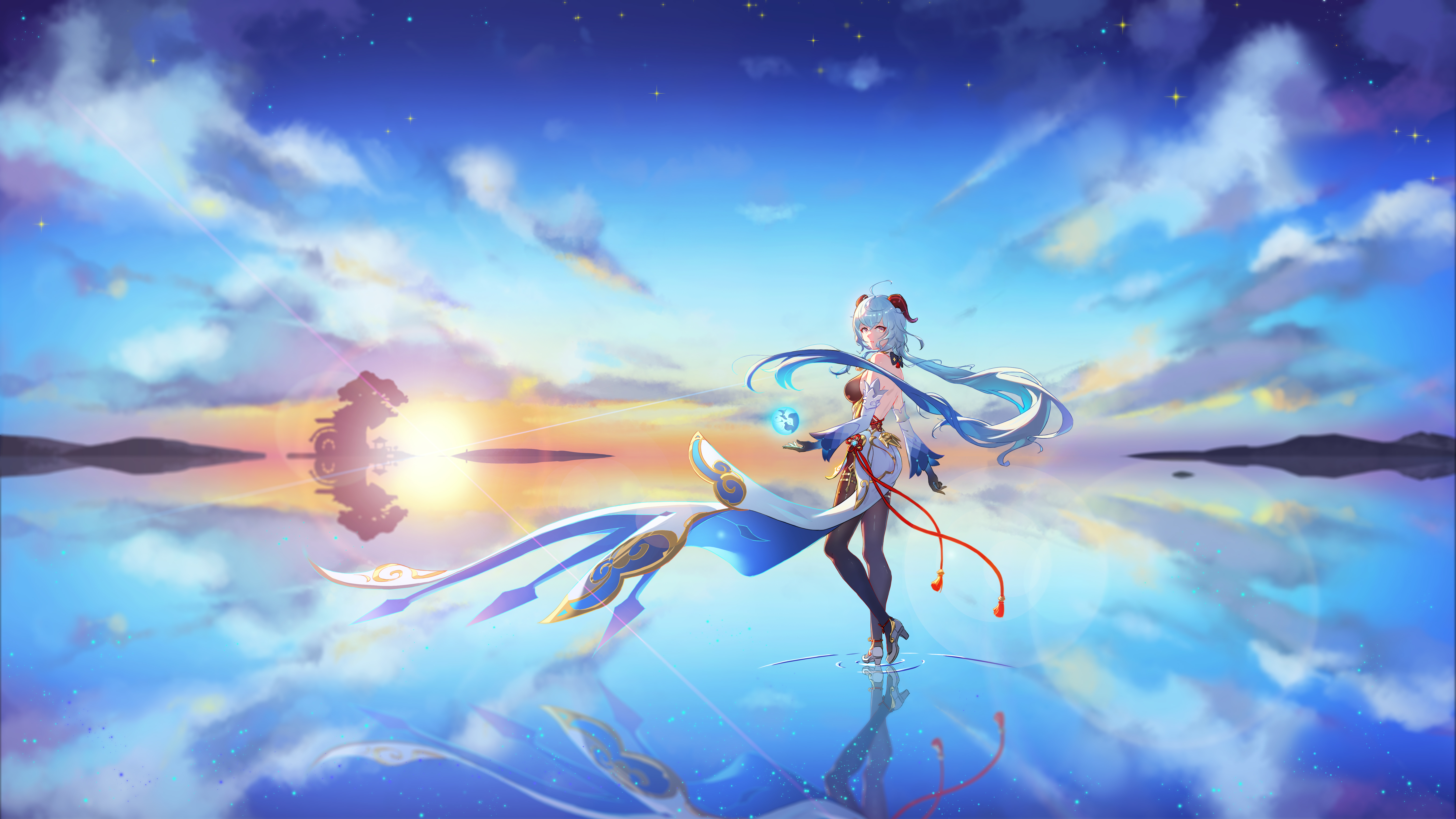 Digital Art Video Game Art Genshin Impact Ganyu Genshin Impact Horns Water Sea Sky Clouds Reflection 6236x3508