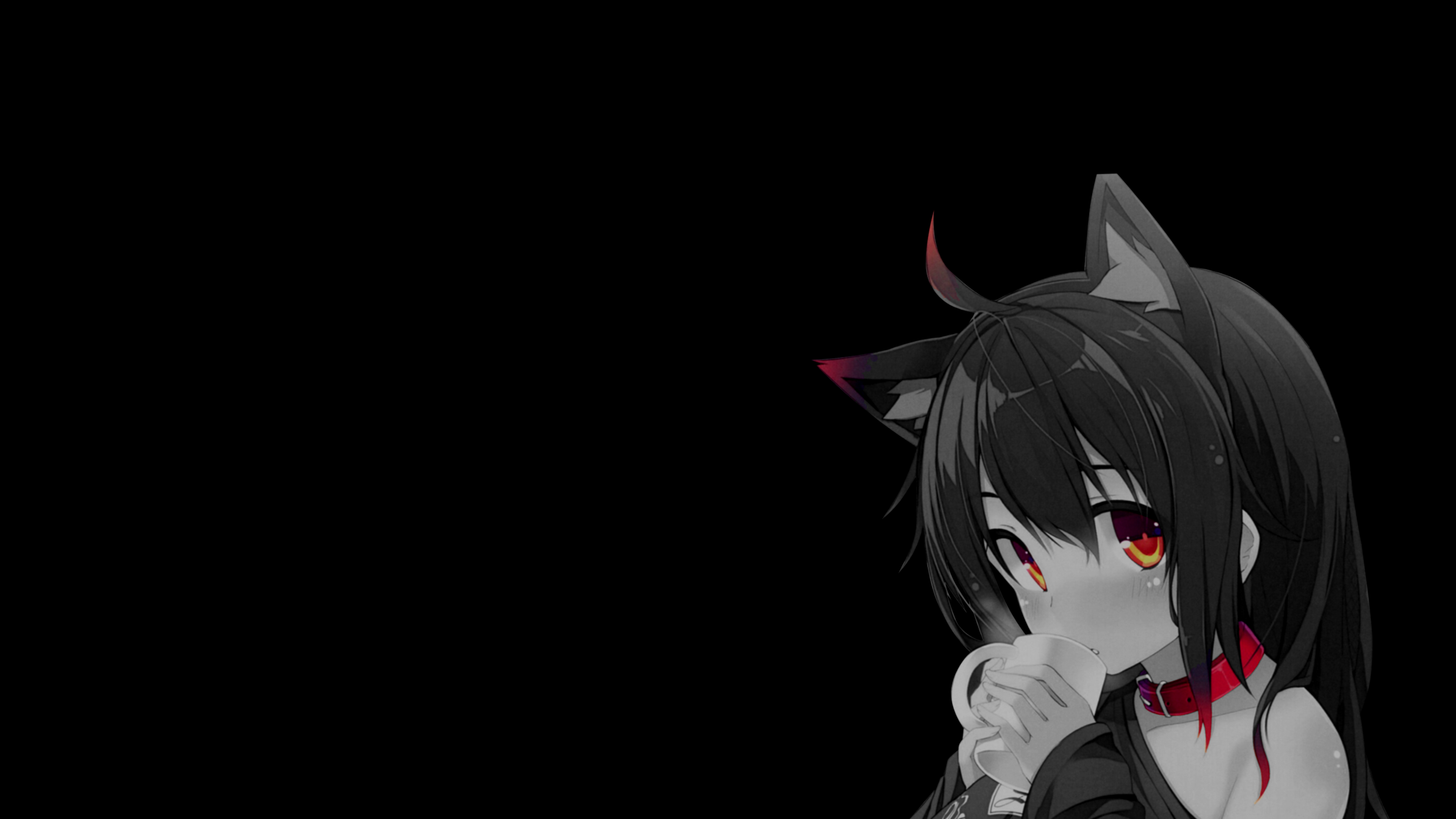 Selective Coloring Black Background Dark Background Simple Background Anime Girls Cat Girl Cat