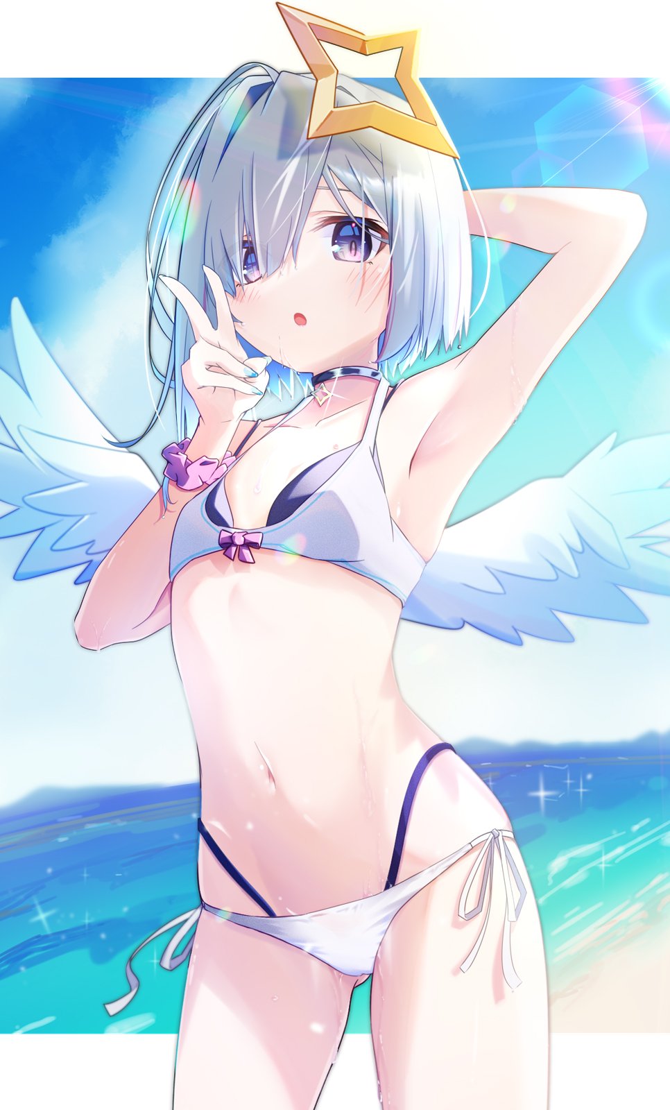 Anime Anime Girls Short Hair Armpits Looking At Viewer Peace Sign Sunlight Water Portrait Display Wi 966x1600