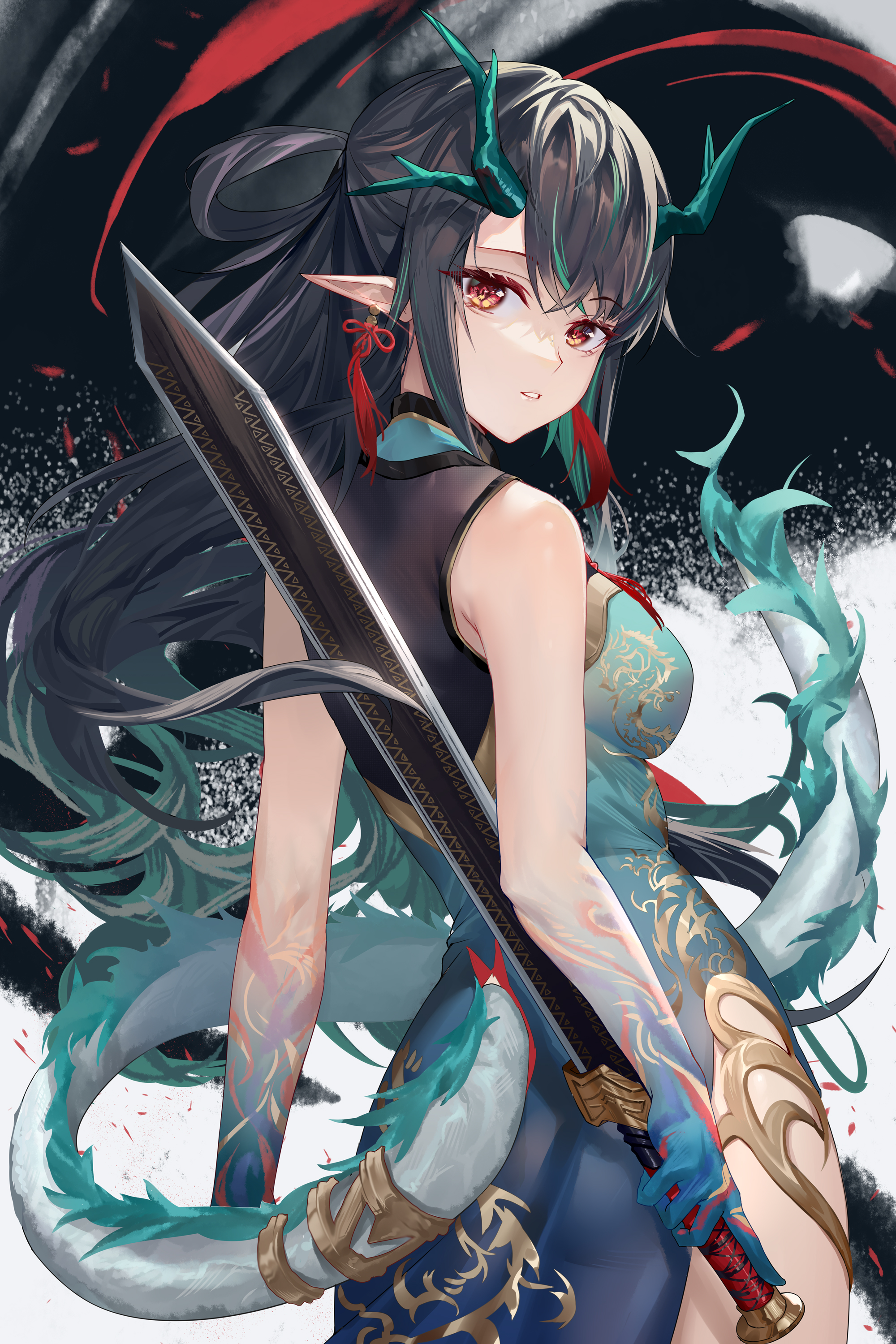 Arknights Dusk Arknights Hongbaise RAW Vertical Anime Girls Sword Dragon Horns Dragon Tail Pointy Ea 2000x3000