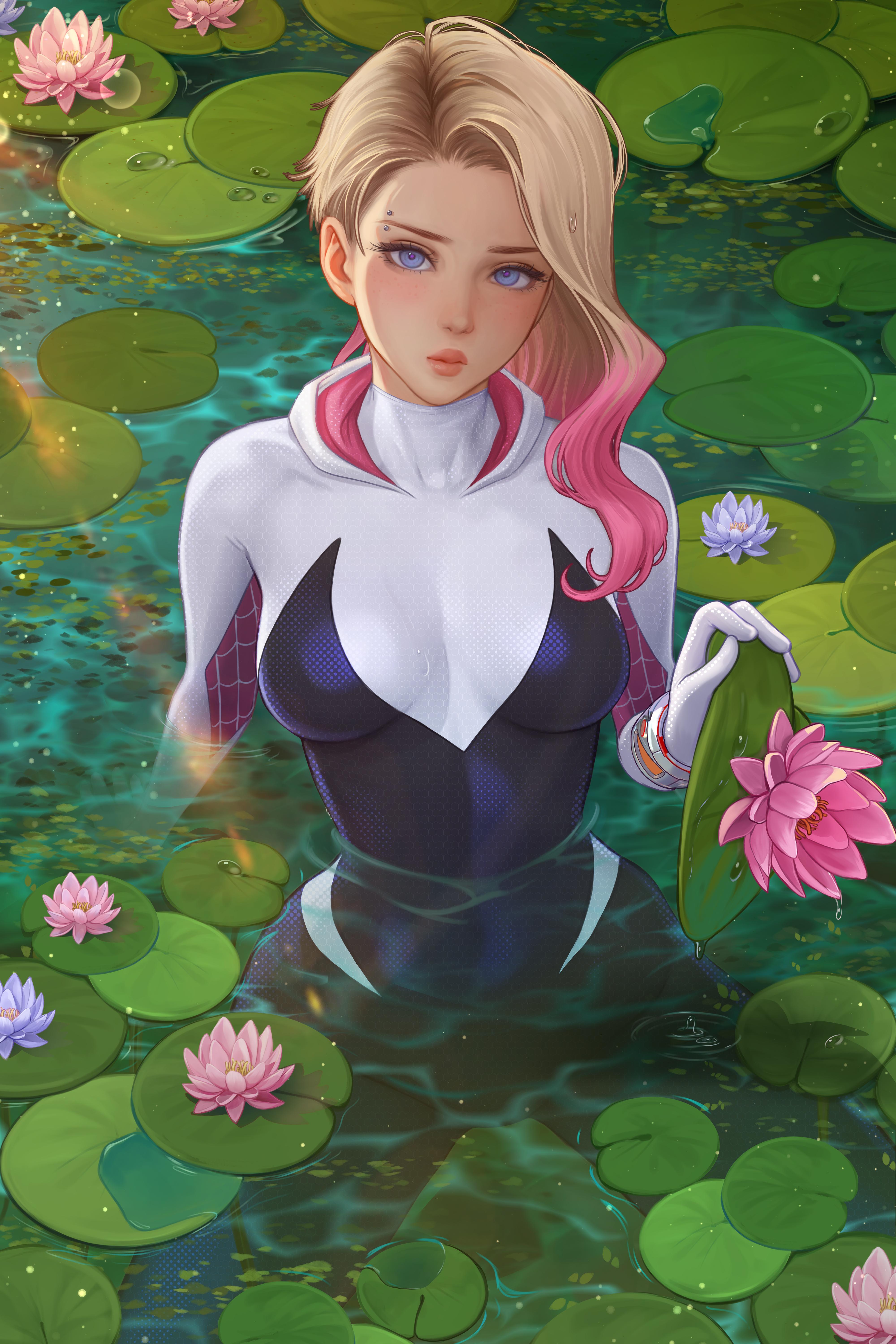 Gwen Stacy Spider Gwen Marvel Comics Blonde Dyed Hair Water Lilies In Water Artwork Drawing Fan Art  4000x6000