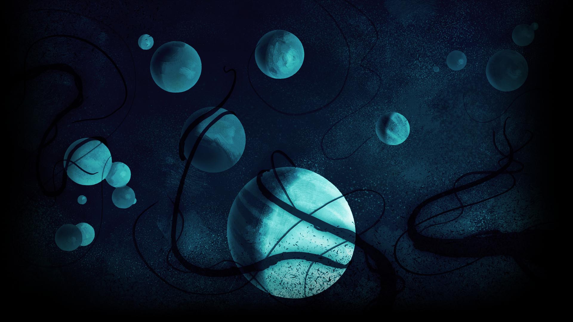 Blue Dark Sphere Lines Vignette Digital Art Minimalism 1920x1080