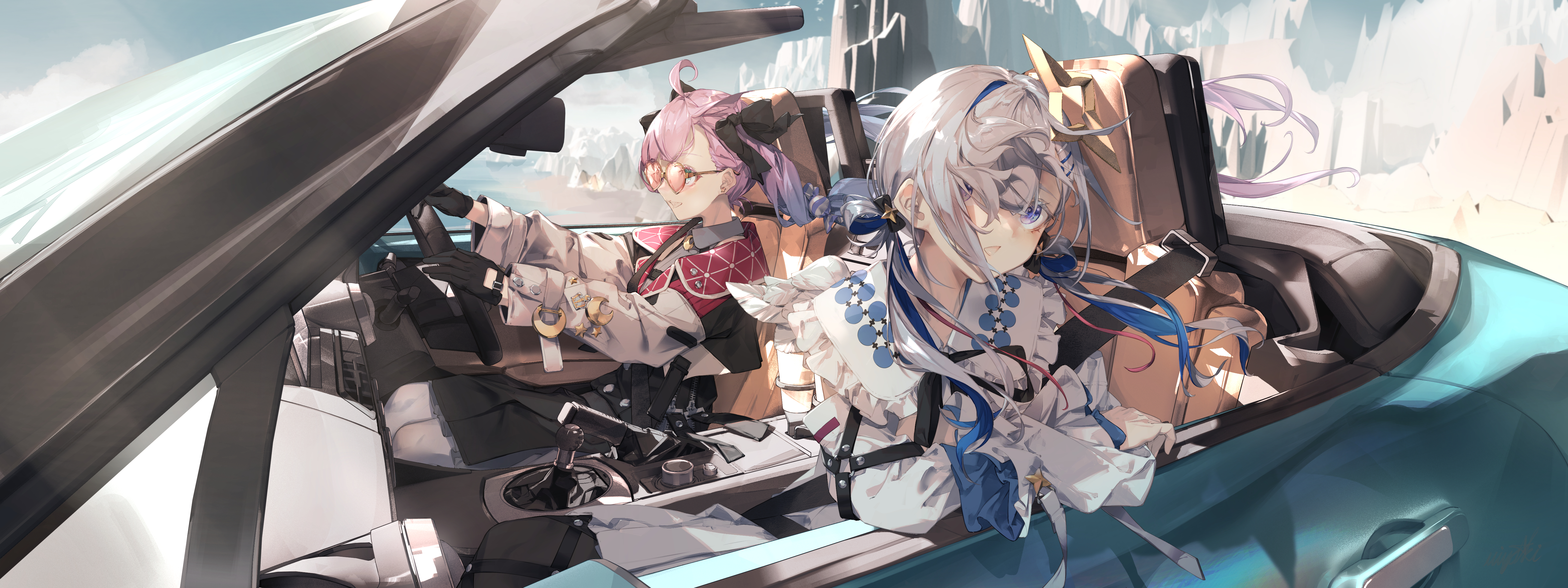 Anime Anime Girls Car Vehicle Driving Gloves Long Hair Hair Blowing In The Wind Looking Away Car Int 5760x2160